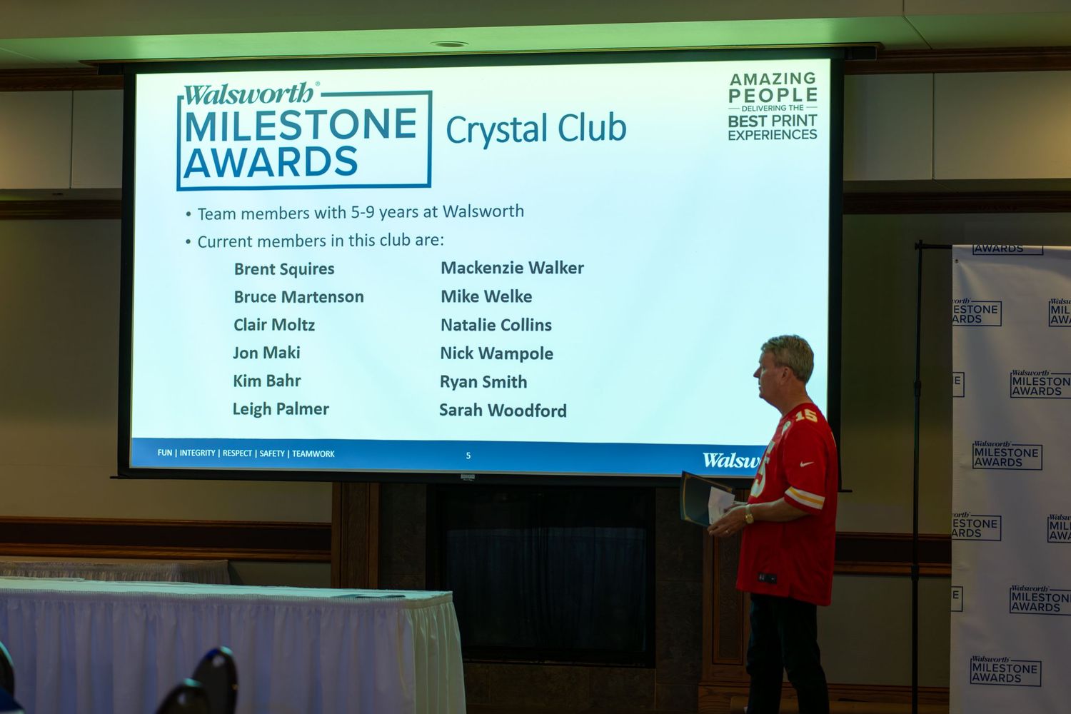 Projection screen displays Milestone Awards and Crystal Club information during a business presentation.