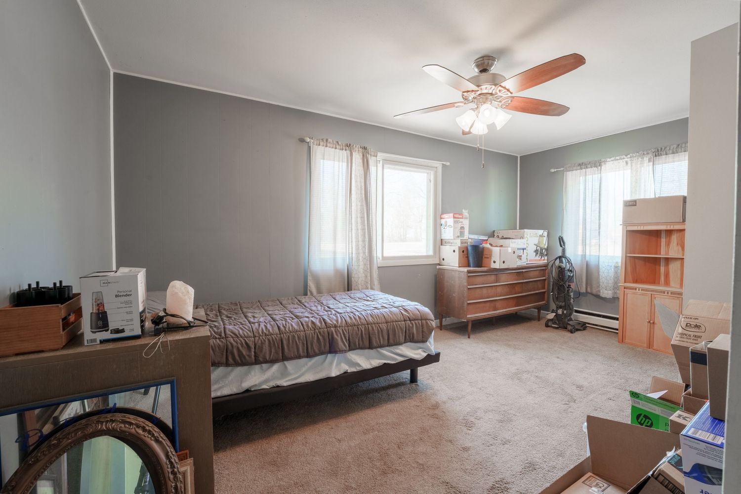 Spacious bedroom with light blue walls, ceiling fan, and natural lighting.