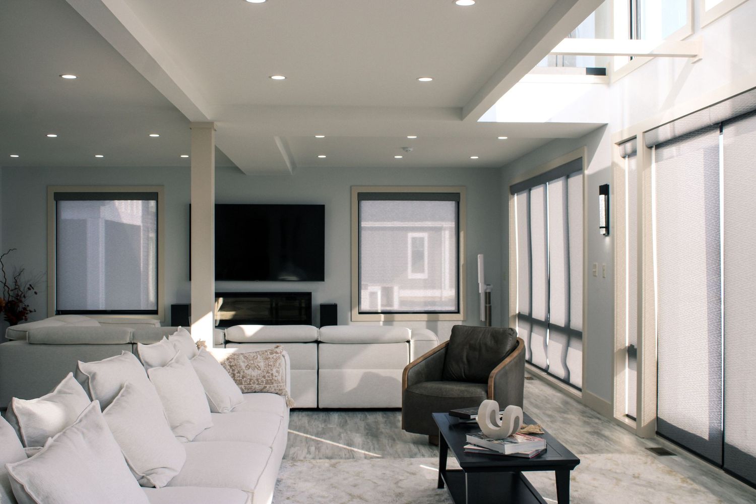 Living Room Interior Photography, Main Shot of a luxury renovated living space featuring a white leather couch, green leather chair
