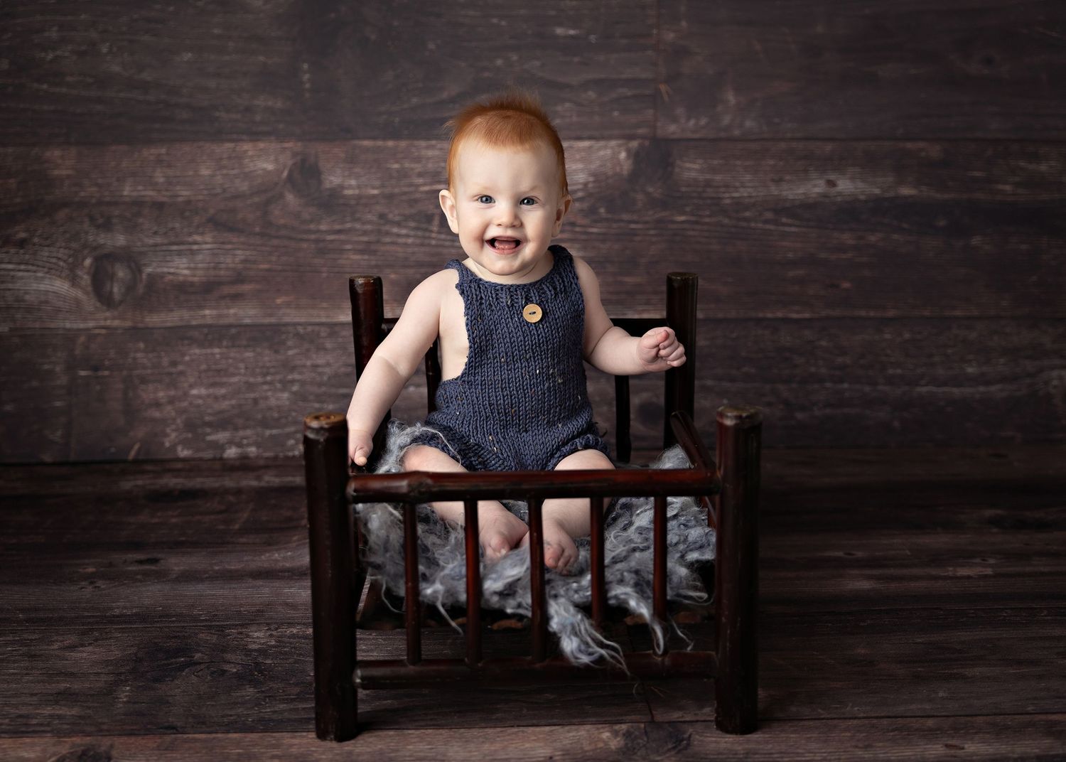 Series of baby portraits sitting in vintage wooden bench against rustic backdrop.Toowoomba Photographer Toowoomba Newborn Photographer