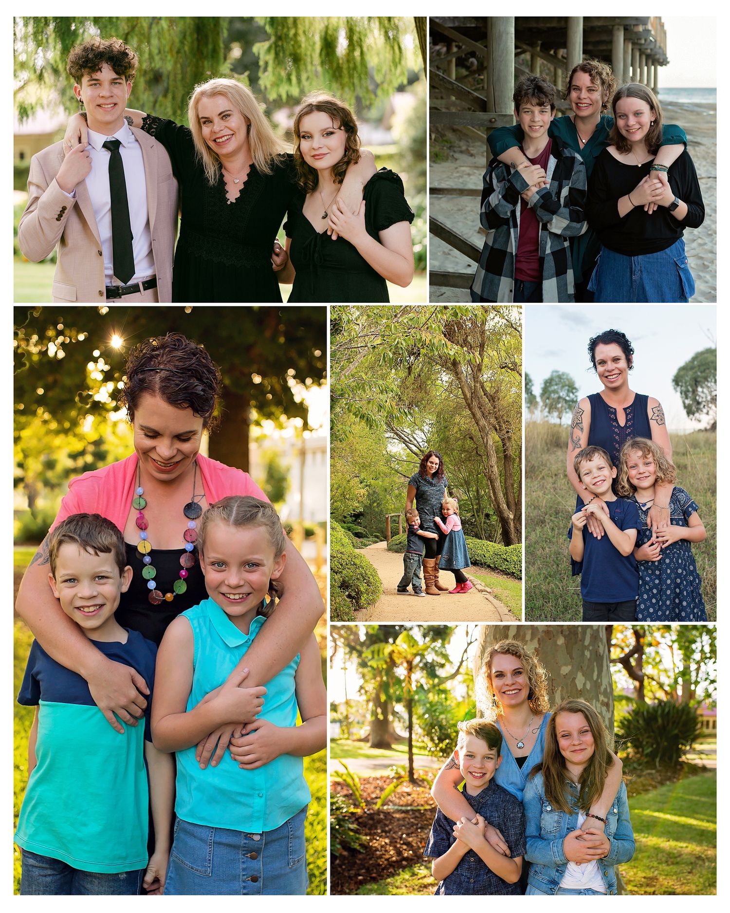 A collage of family portrait photos featuring mothers with children, smiling outdoors in casual and semi-formal attire.