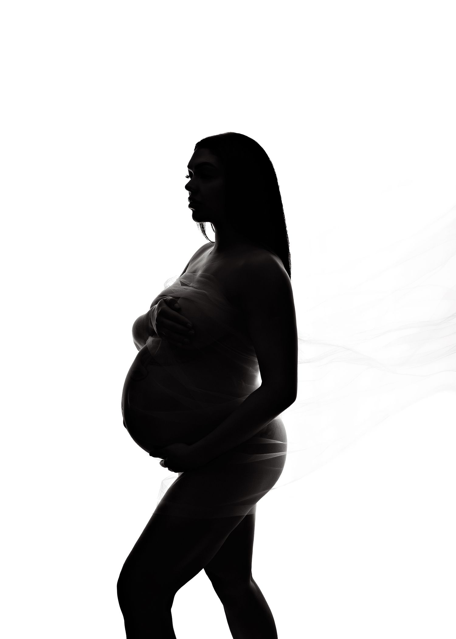 Artistic silhouette of pregnant woman's profile against white background.