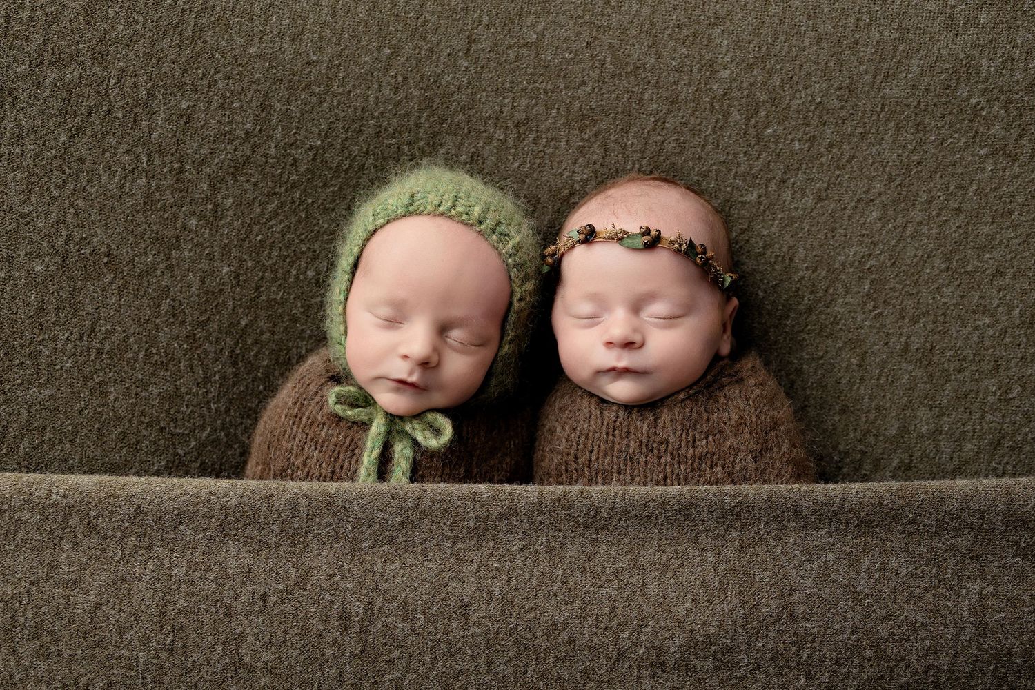 Twin newborn photography session on olive green backdrop with matching knit accessoriesToowoomba Photographer Toowoomba Newborn Photographer