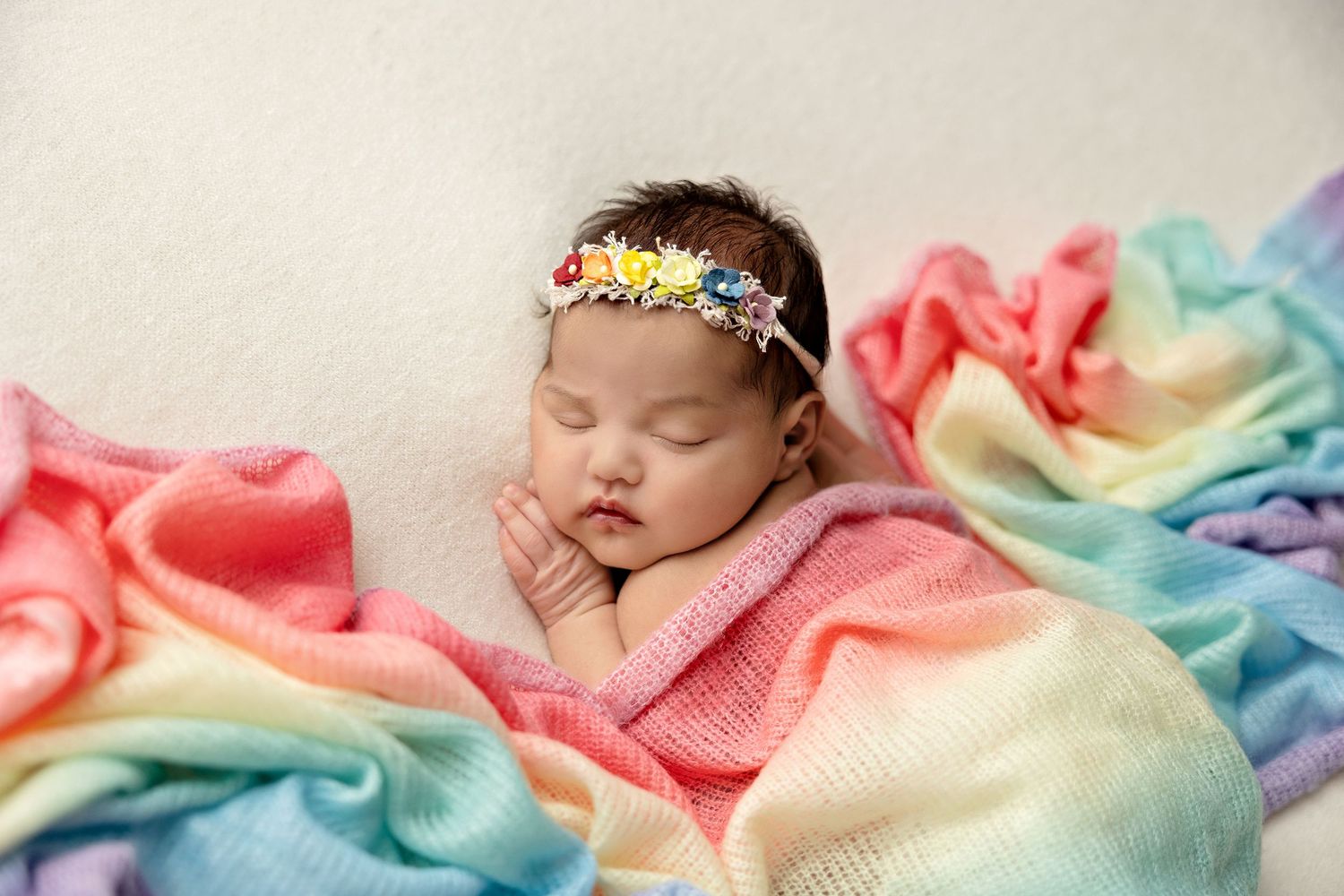 Newborn baby sleeping peacefully wrapped in a rainbow pastel blanket with a floral headband.