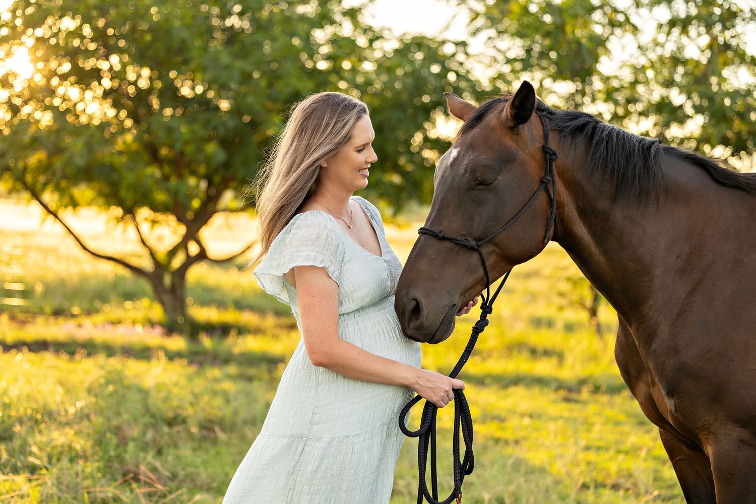 A white dress contrasts beautifully with dark horses in a sunlit field.