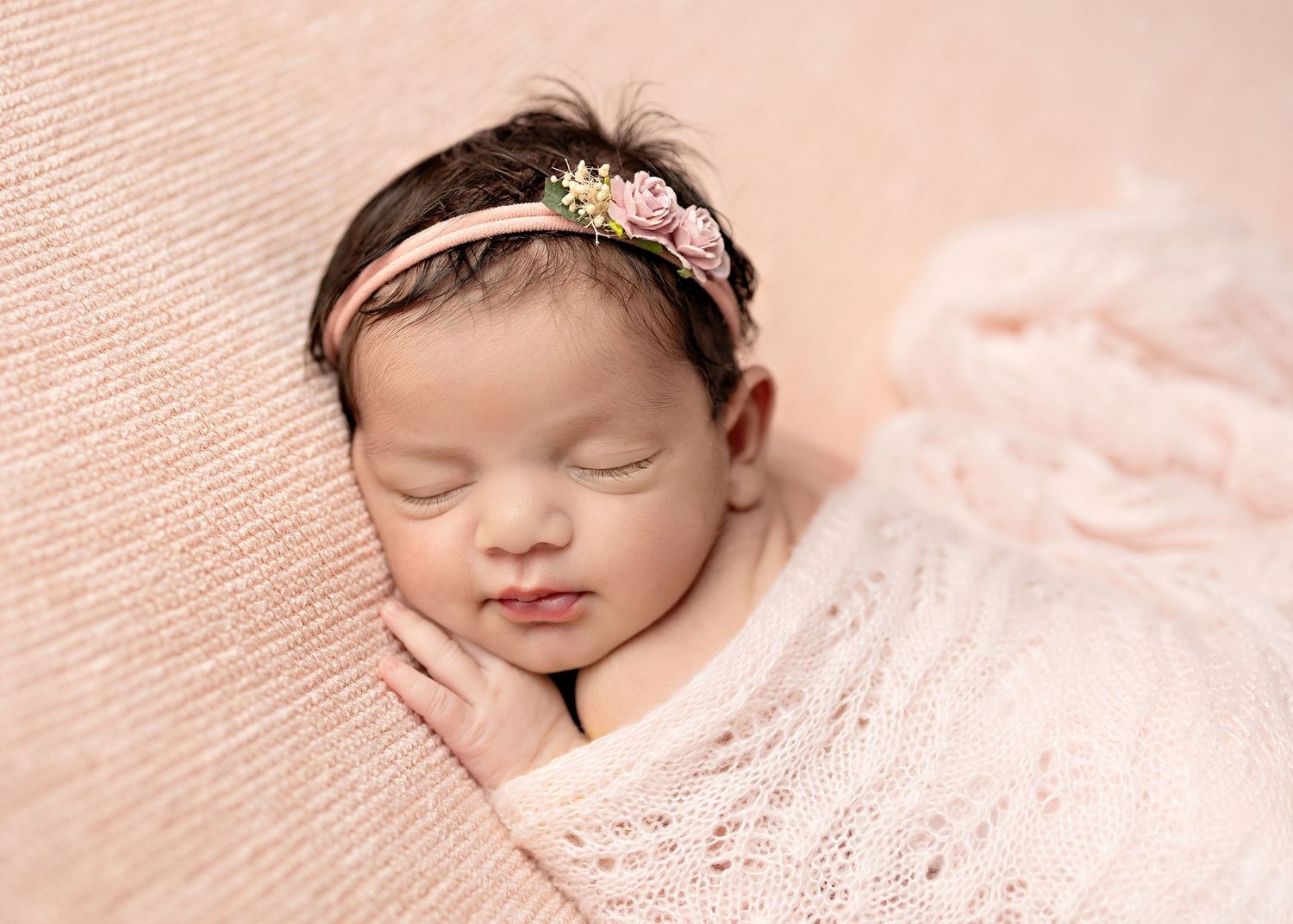 Series of peaceful sleeping newborns in pink tones with delicate headbandsToowoomba Photographer Toowoomba Newborn Photographer