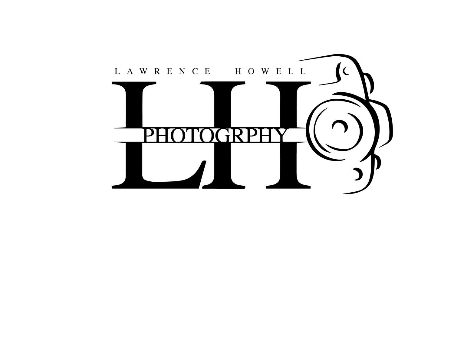 Lawrence Howell Photography logo featuring bold LH monogram with elegant floral rose design in black and white.