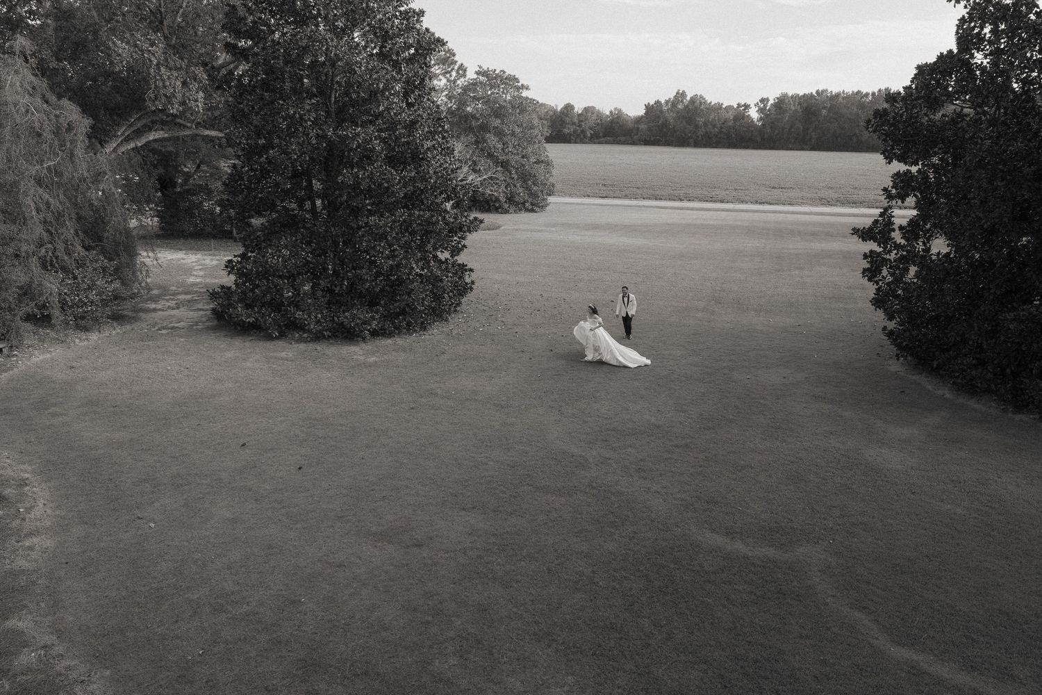 Black and white aerial photo of a bride in a white gown standing in an open field surrounded by lush trees.