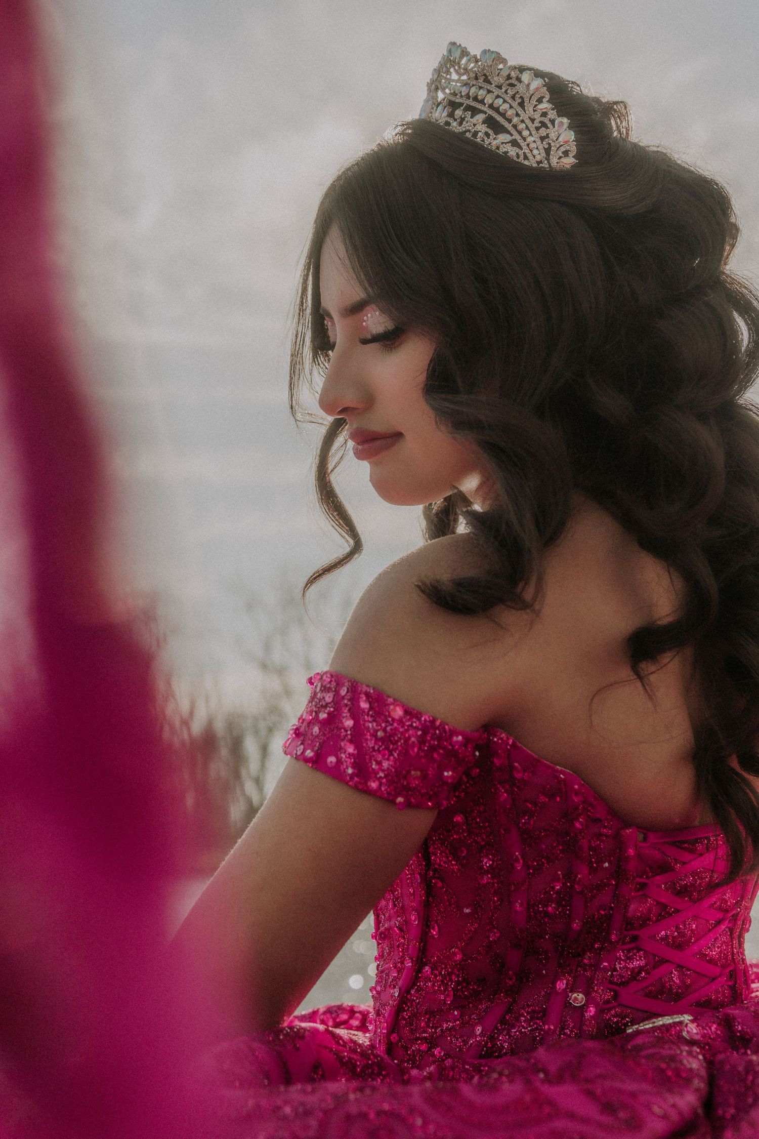 Elegant portrait session featuring a sparkly magenta ballgown and tiara.