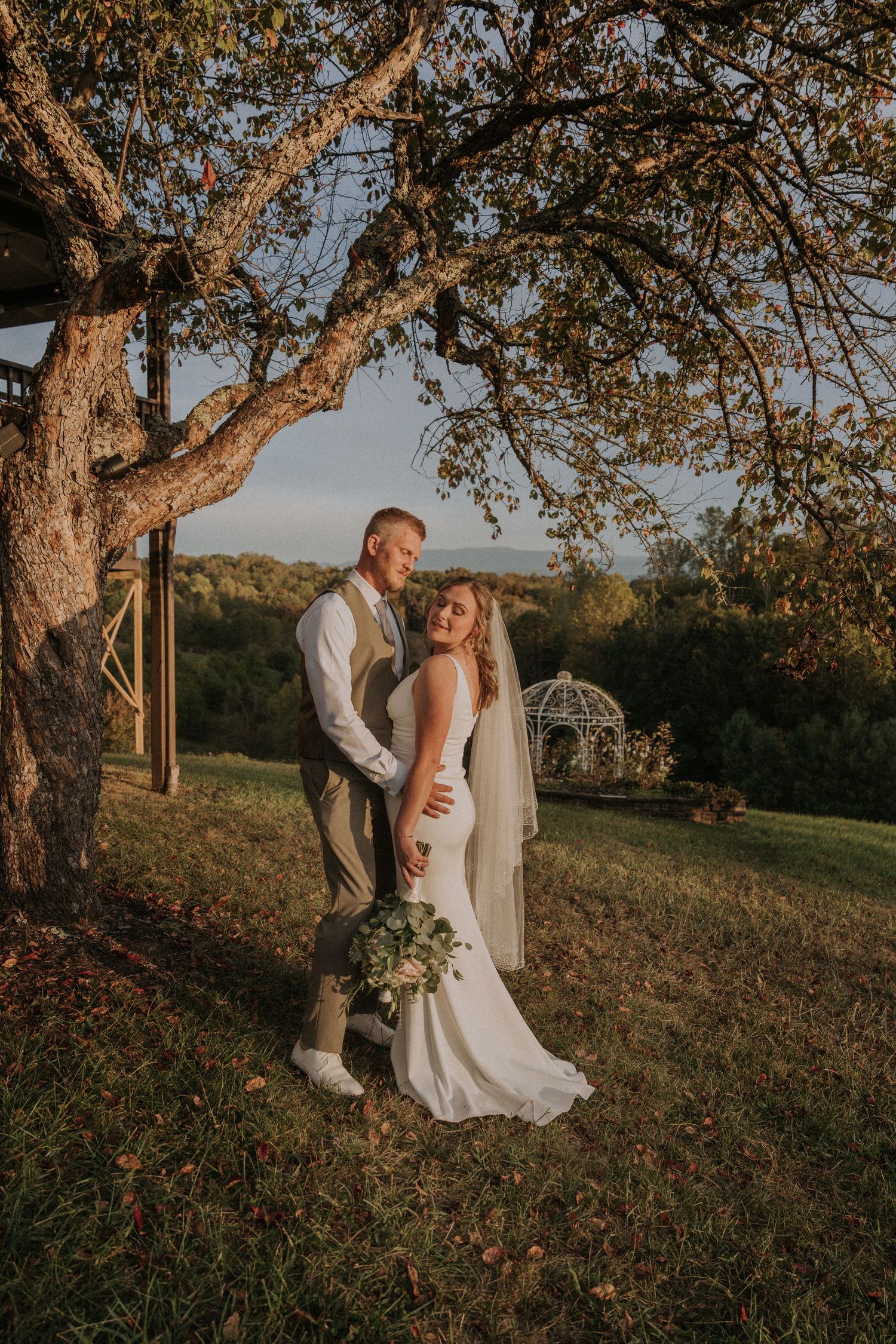 A couple shares a romantic moment under a large tree at sunset.