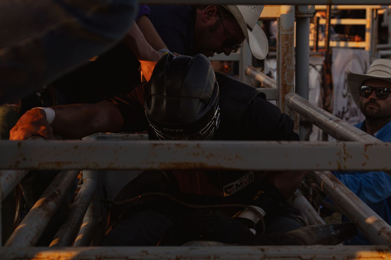 Cowboys prepare a bull rider in a chute at a rodeo event during golden hour lighting.