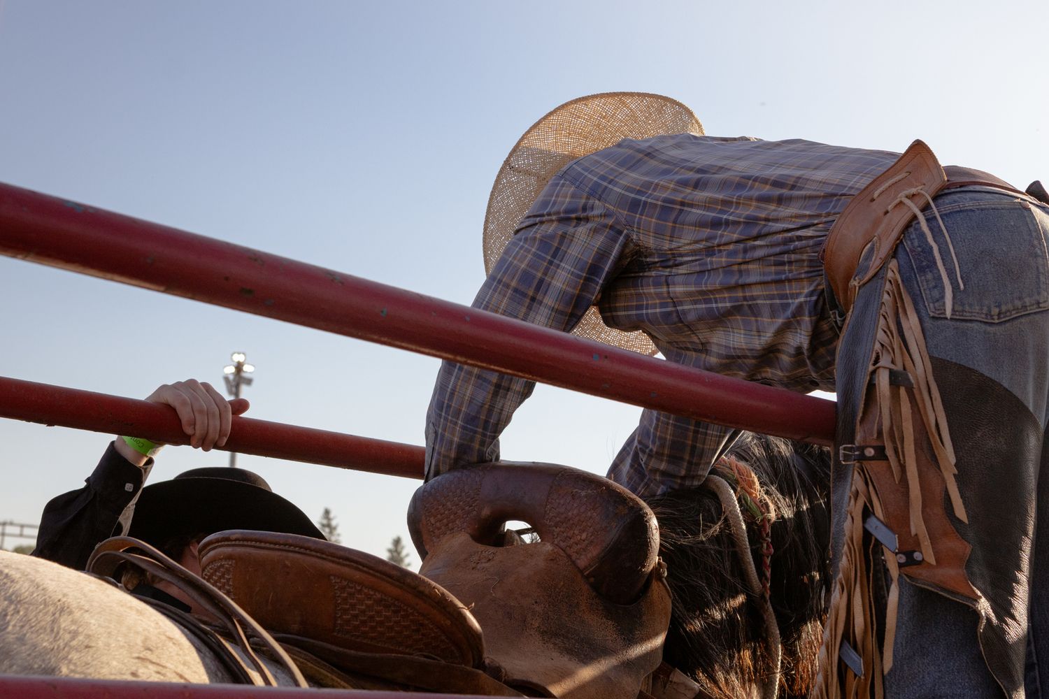 Cowboy in plaid shirt and straw hat leaning over red rodeo fence with leather saddle in foreground.