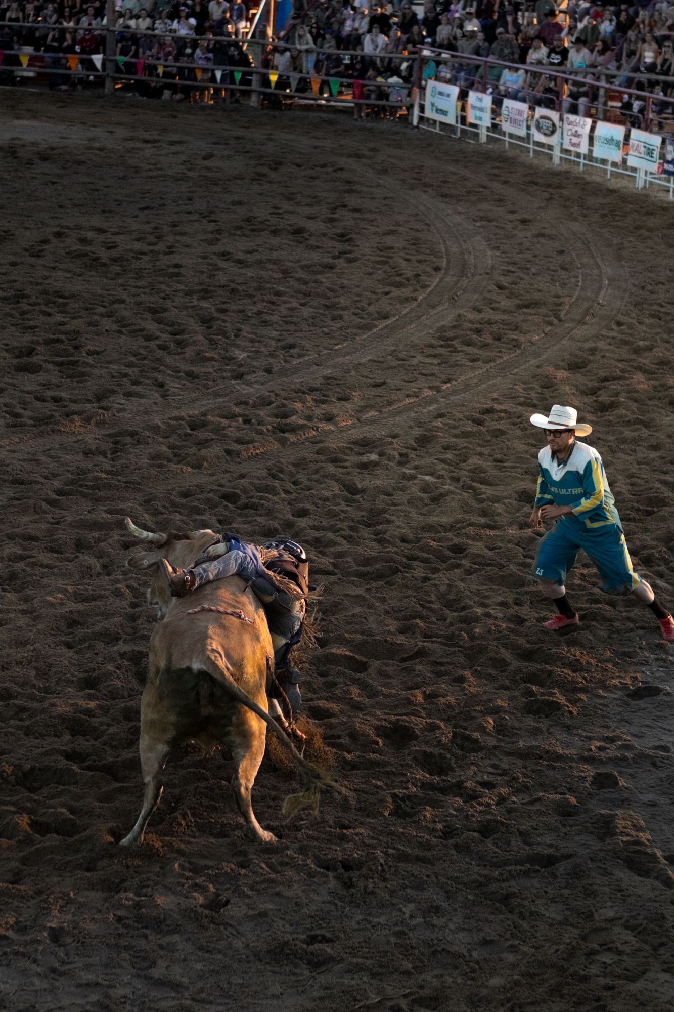 Rodeo clown in white hat and colorful outfit approaches a bucking bull on a sandy arena floor.