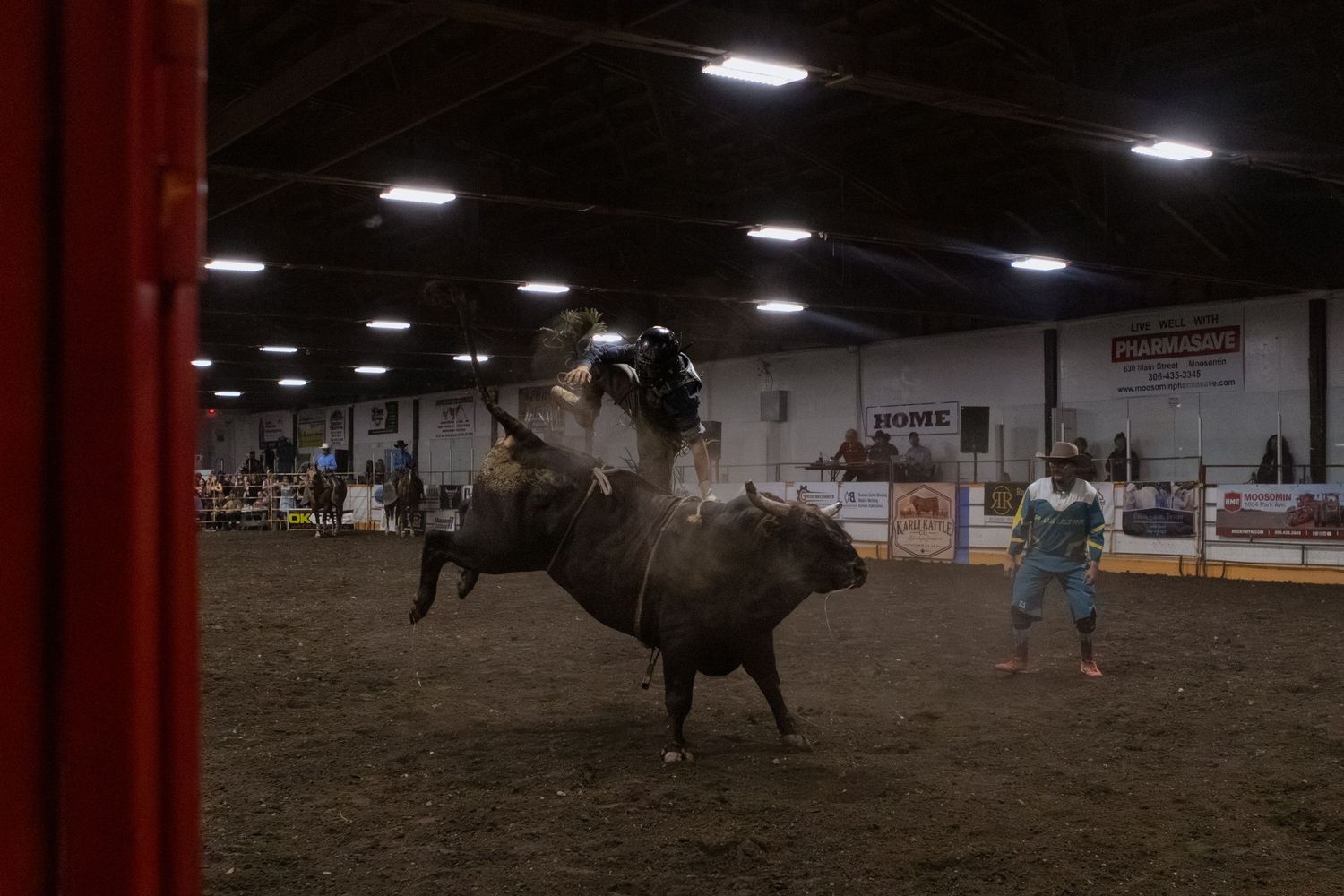 Bull rider competing in indoor rodeo arena as animal bucks wildly under bright overhead lights.
