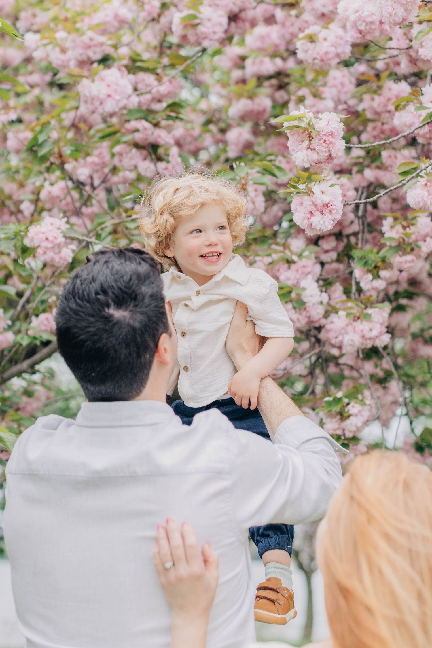 A joyful moment captured under blooming pink cherry blossoms in springtime.