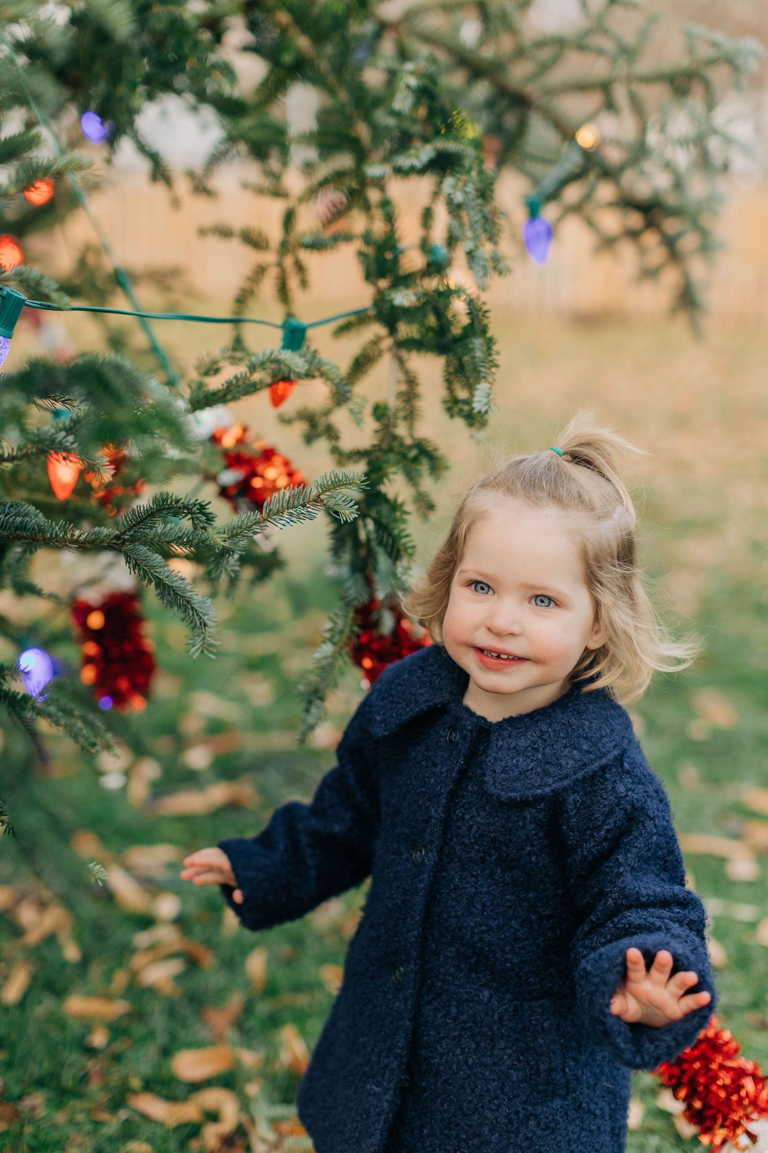 Smiling toddler girl in navy coat touching Christmas ornaments on decorated outdoor evergreen tree.