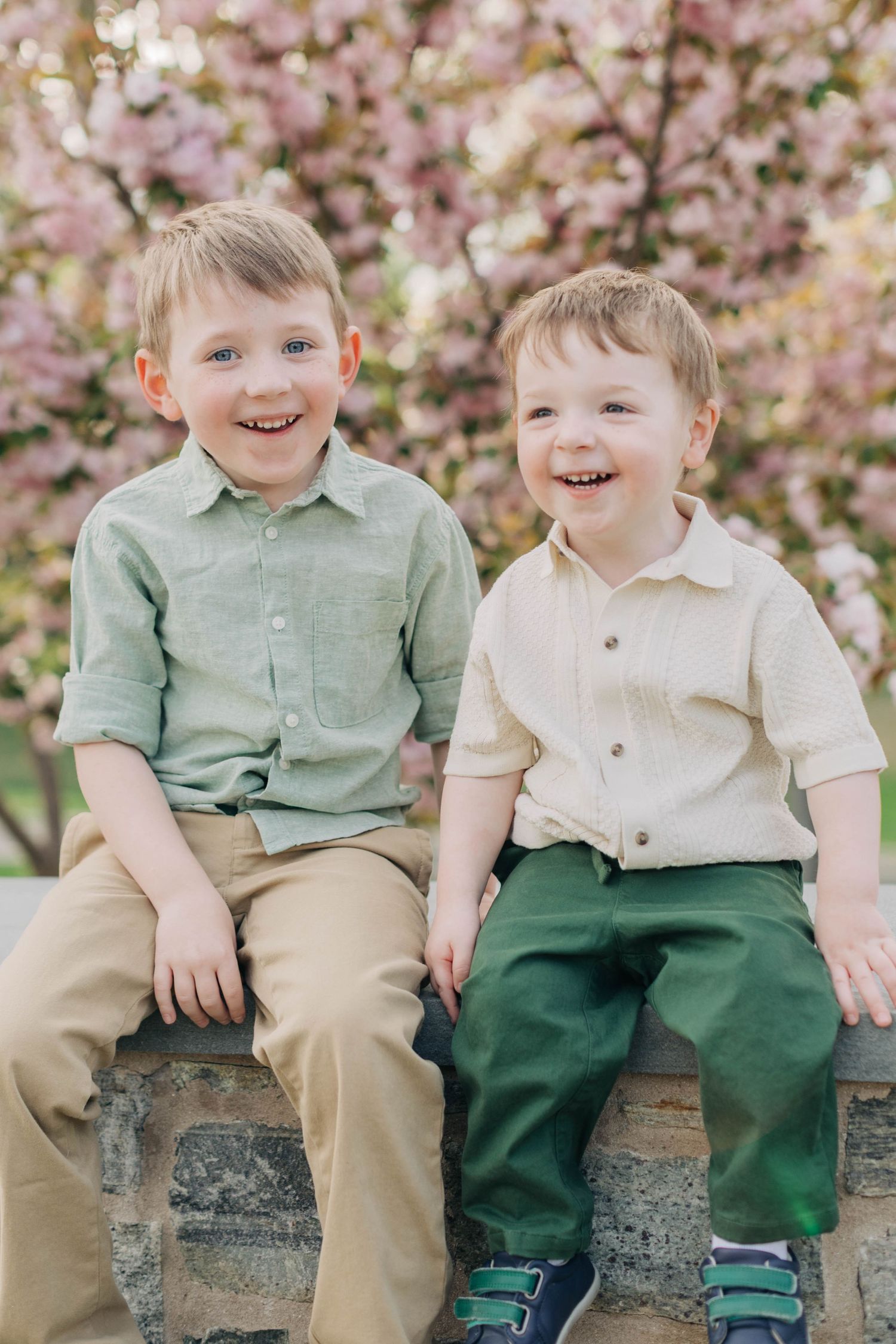 Two laughing young boys sit together on a stone wall surrounded by blooming pink cherry blossom trees in spring.