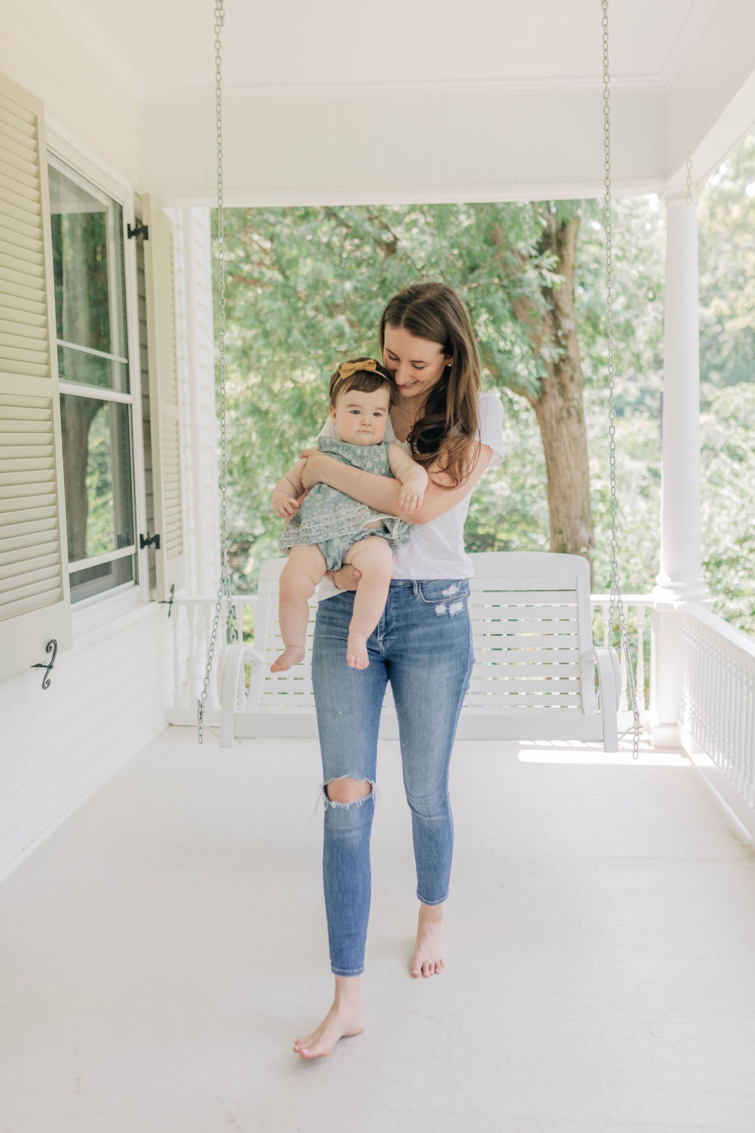 A series of casual lifestyle photos showing a person in ripped jeans and bare feet on a white porch.