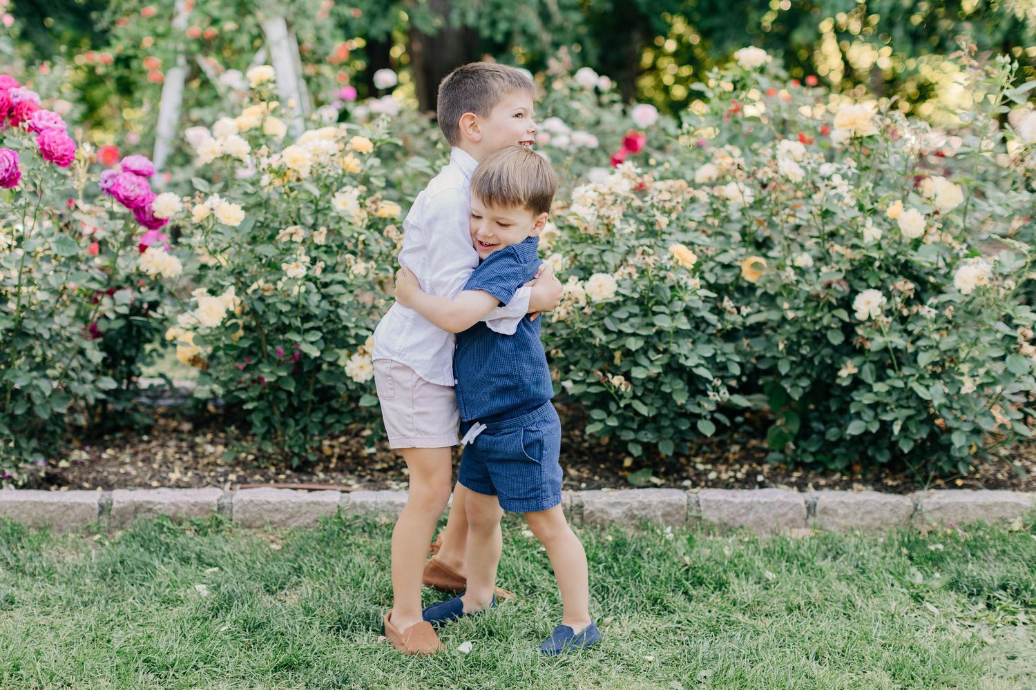 Two young boys hugging and playing together in a lush garden with colorful rose bushes in bloom.