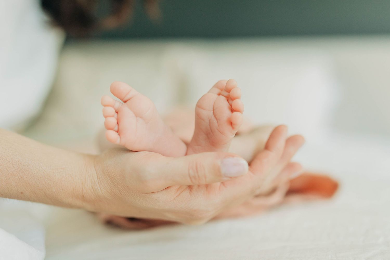 Artistic close-up photos of tiny newborn baby feet and hands.