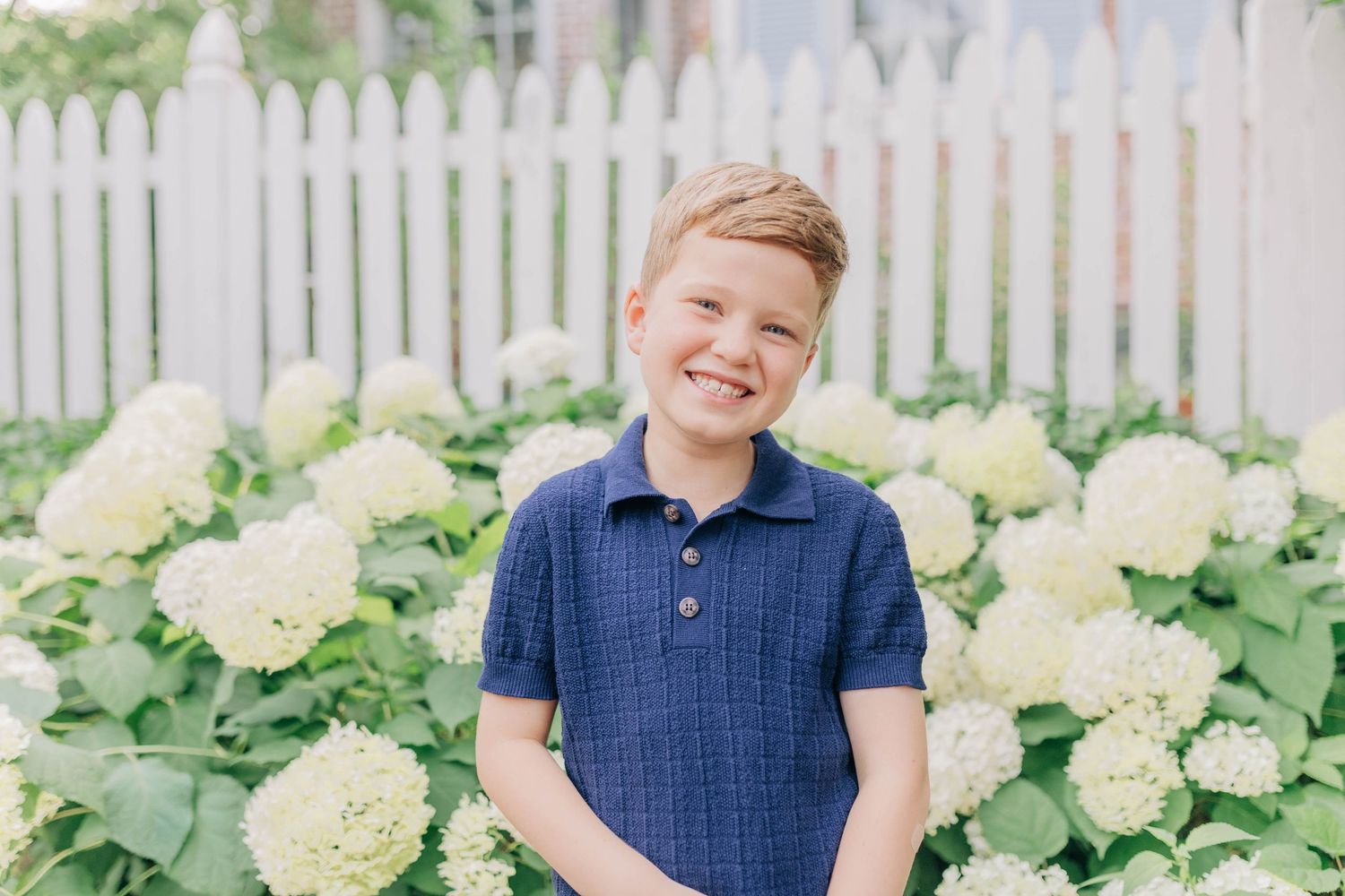 Smiling boy in navy polo shirt standing in front of white hydrangeas and picket fence outdoors.