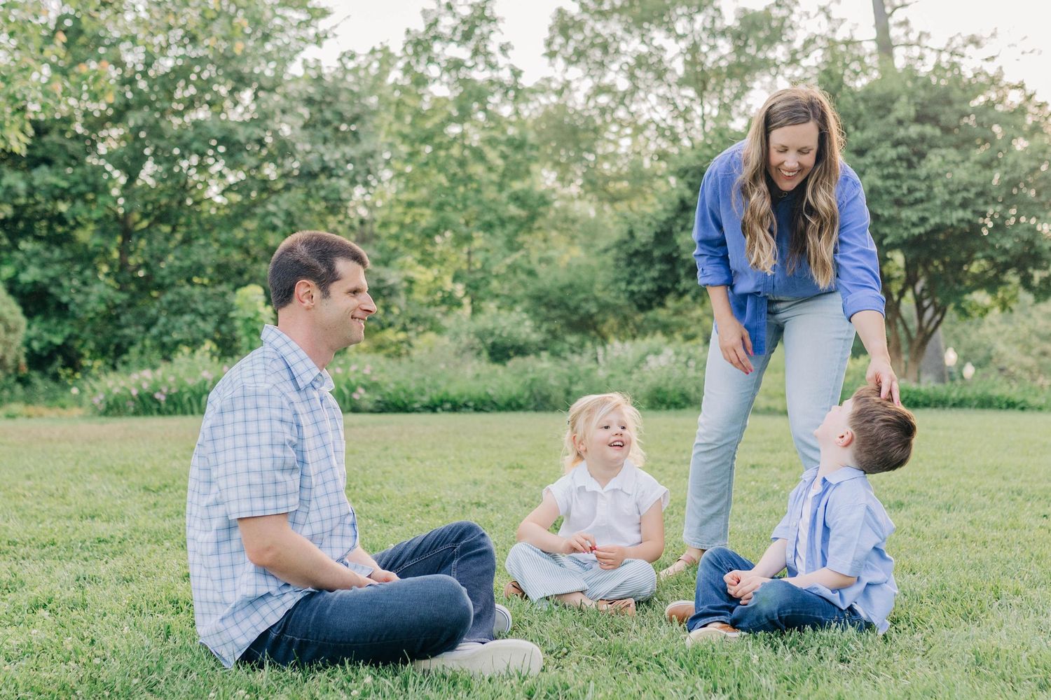 Joyful family interactions captured during a casual outdoor photo session.