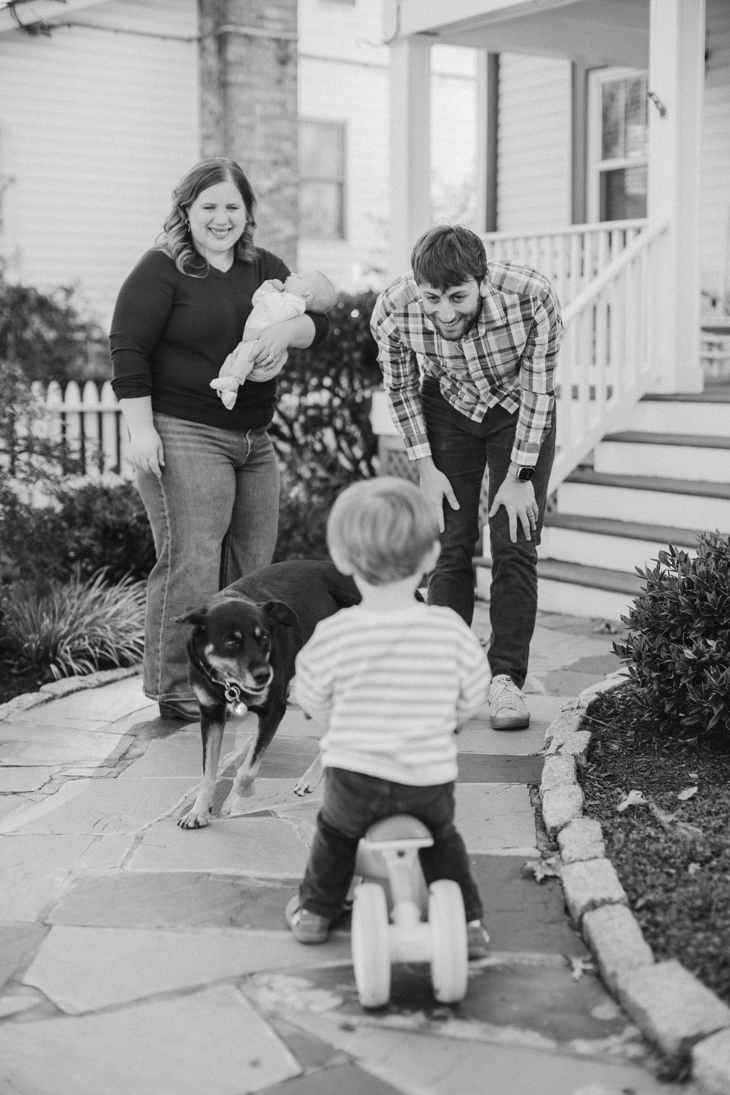 Black and white photos of family playing together on an outdoor porch.