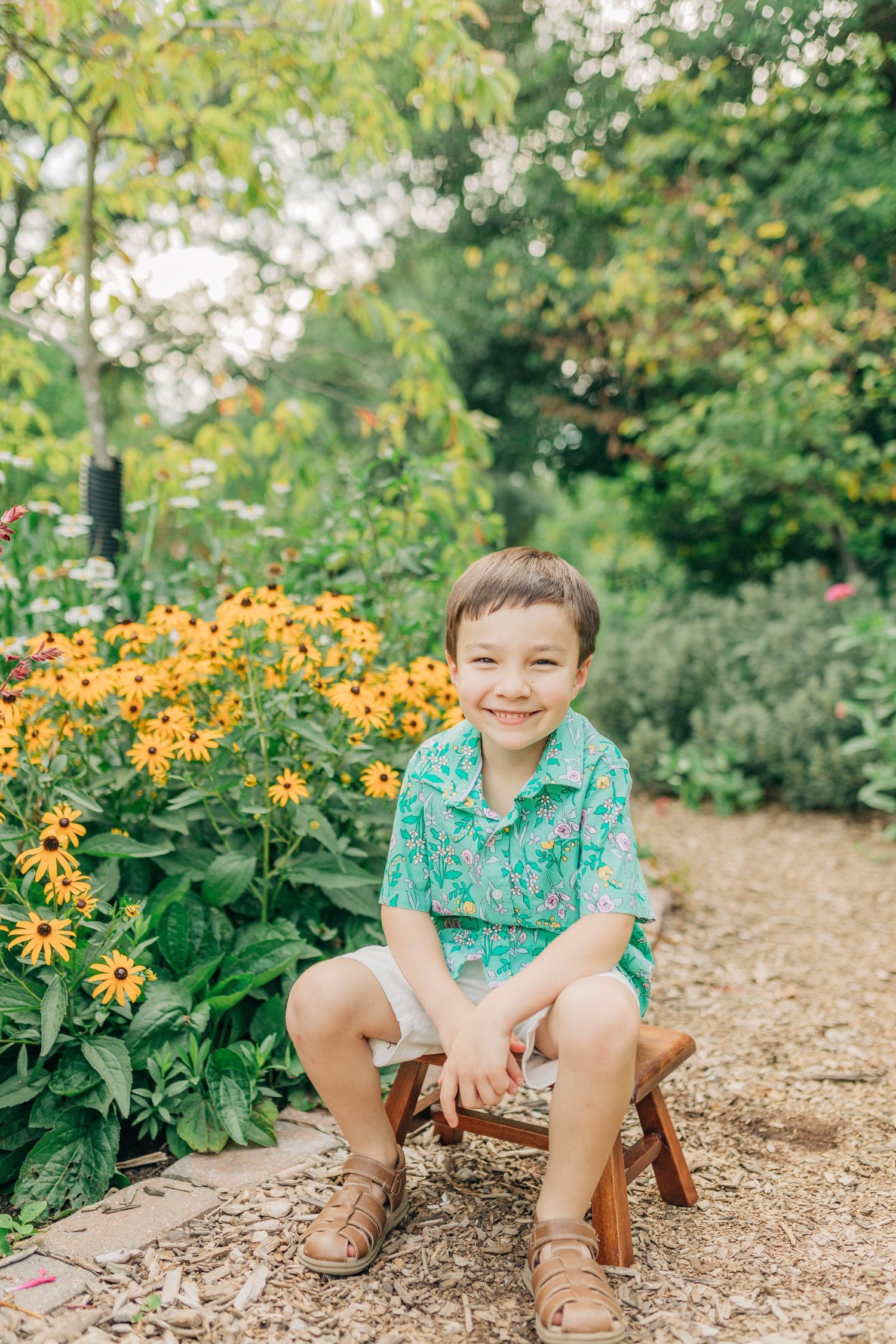 Smiling boy in teal floral shirt sits on wooden stool among yellow black-eyed Susan flowers in lush garden.