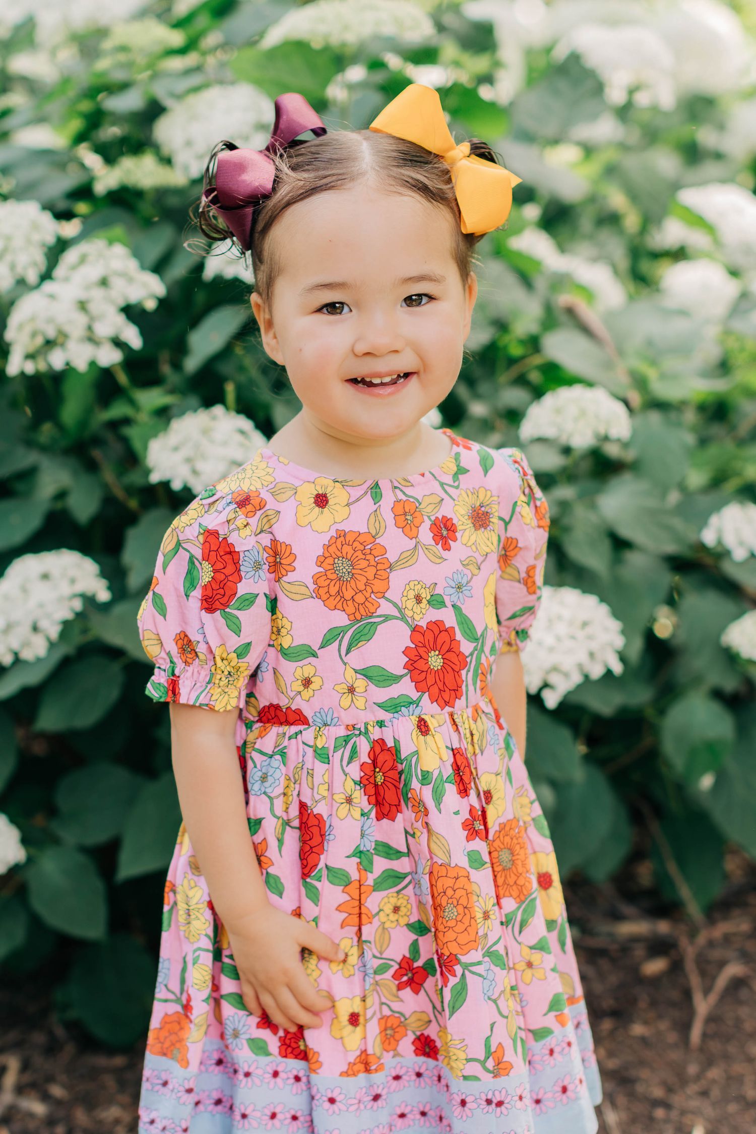 Smiling toddler girl in floral pink dress with yellow bow in hair, standing in front of white hydrangea flowers.