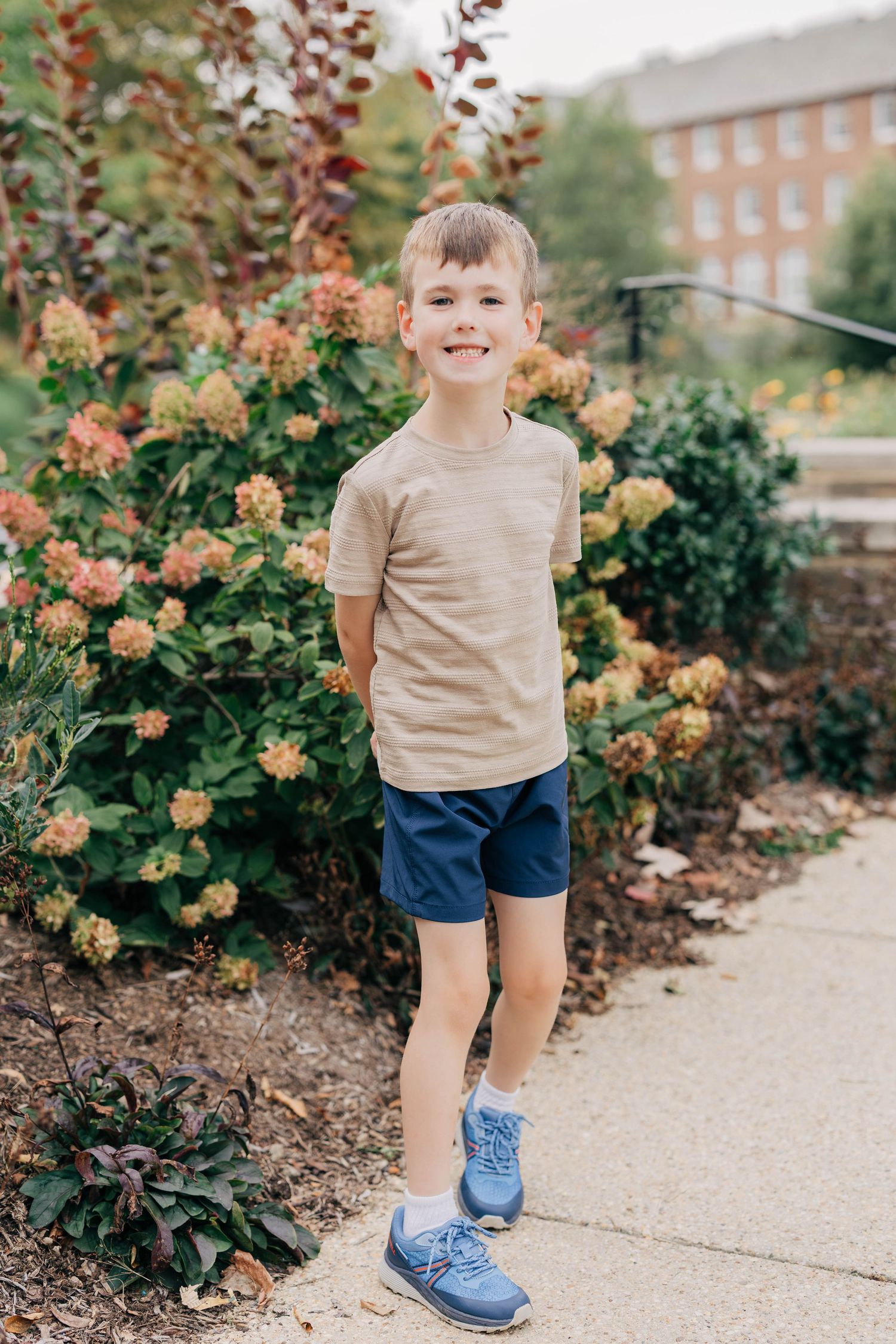Smiling boy in a tan t-shirt, navy shorts and blue sneakers standing on a sidewalk beside blooming hydrangea bushes.