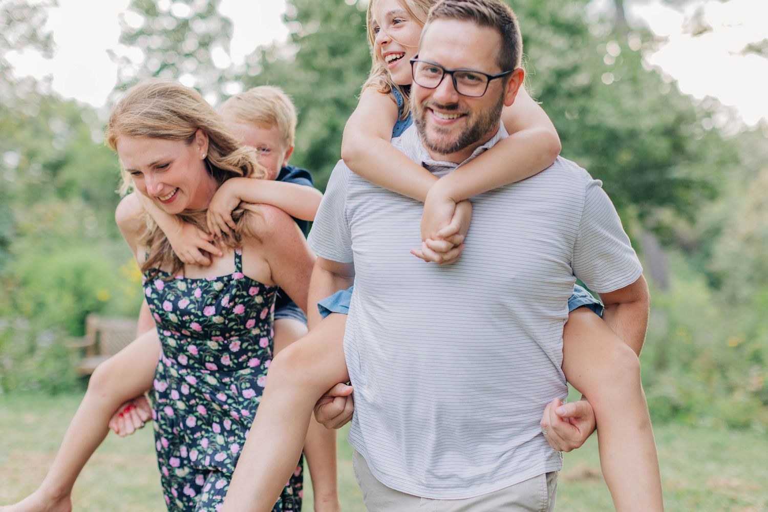 Candid family interactions captured in a series of outdoor portrait shots.