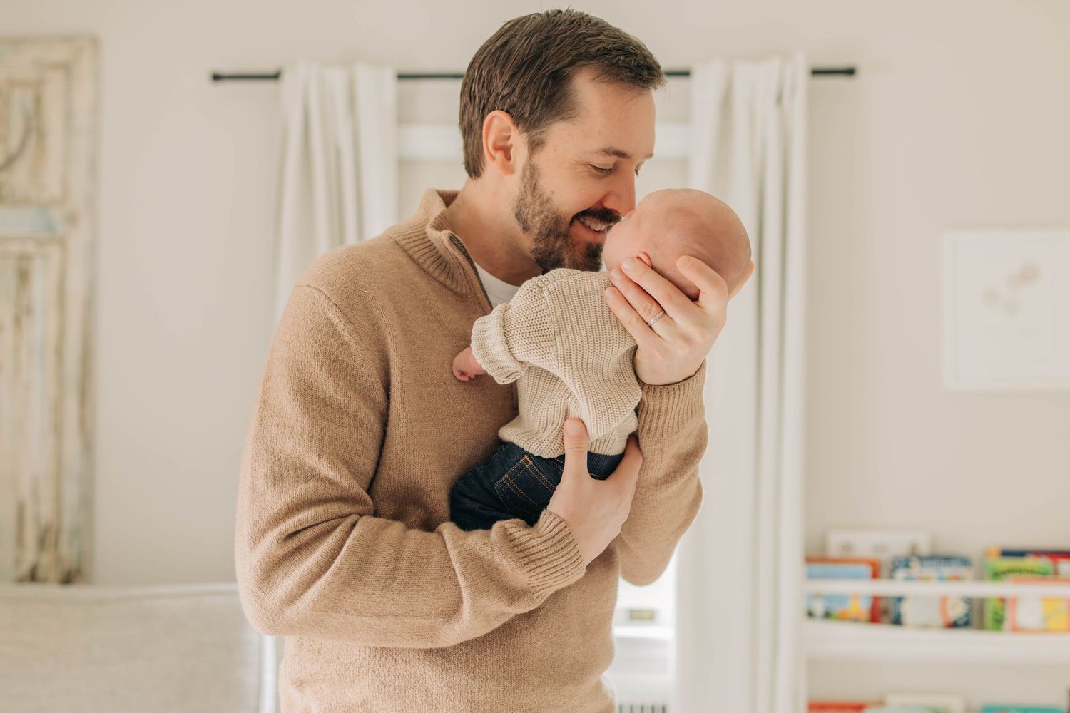 A series of candid lifestyle photos showing tender moments between family members in a bright interior setting.