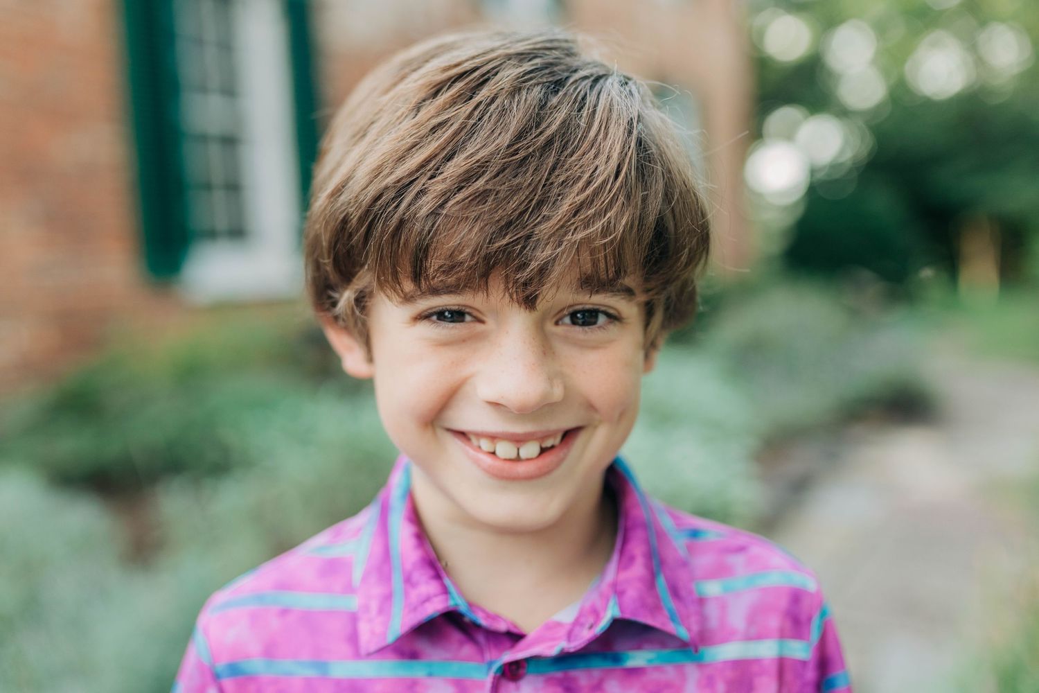 Close-up portrait shots outdoors with natural lighting and garden background.