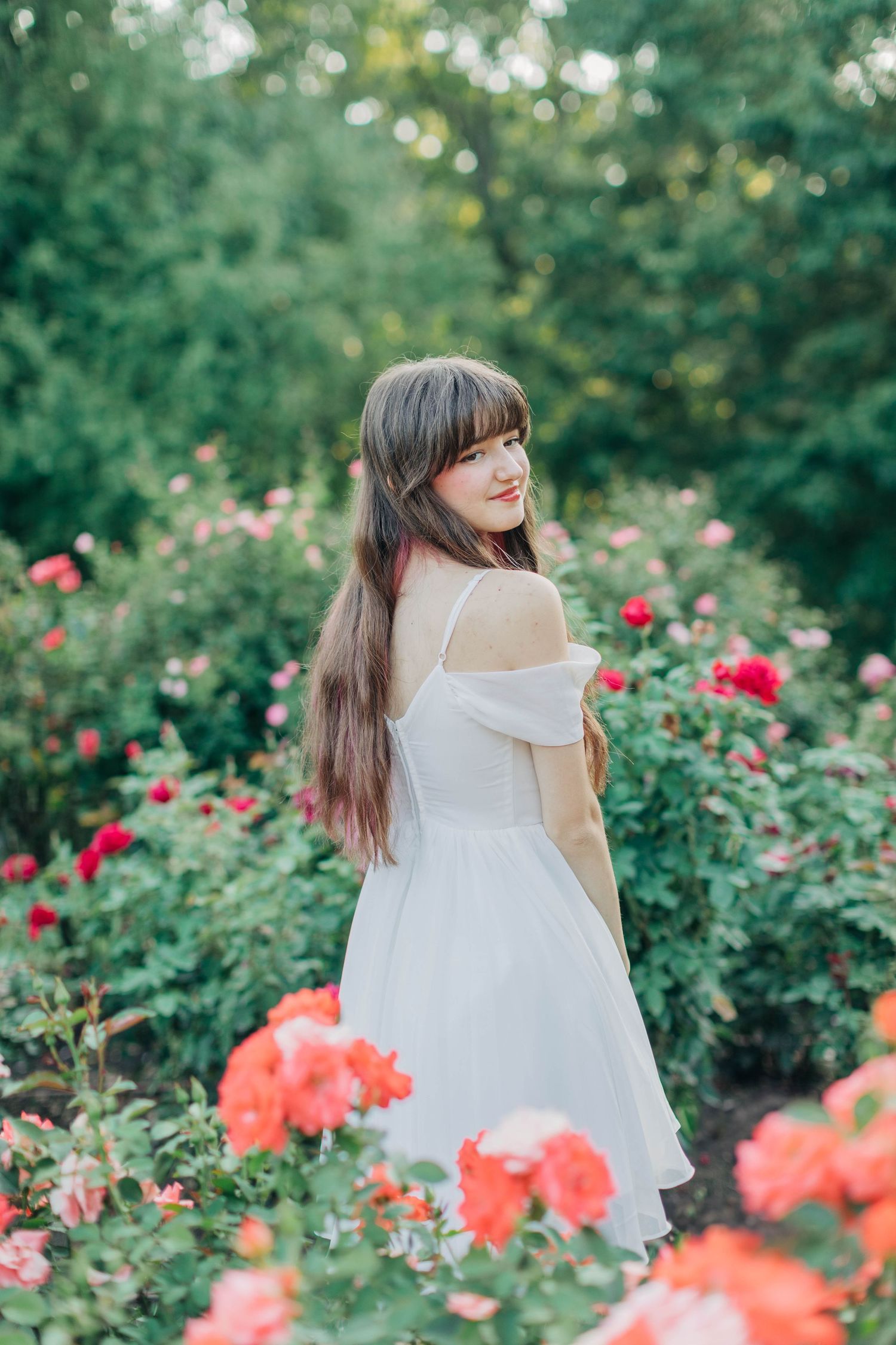 Romantic garden scene with someone in white dress among coral and red roses.