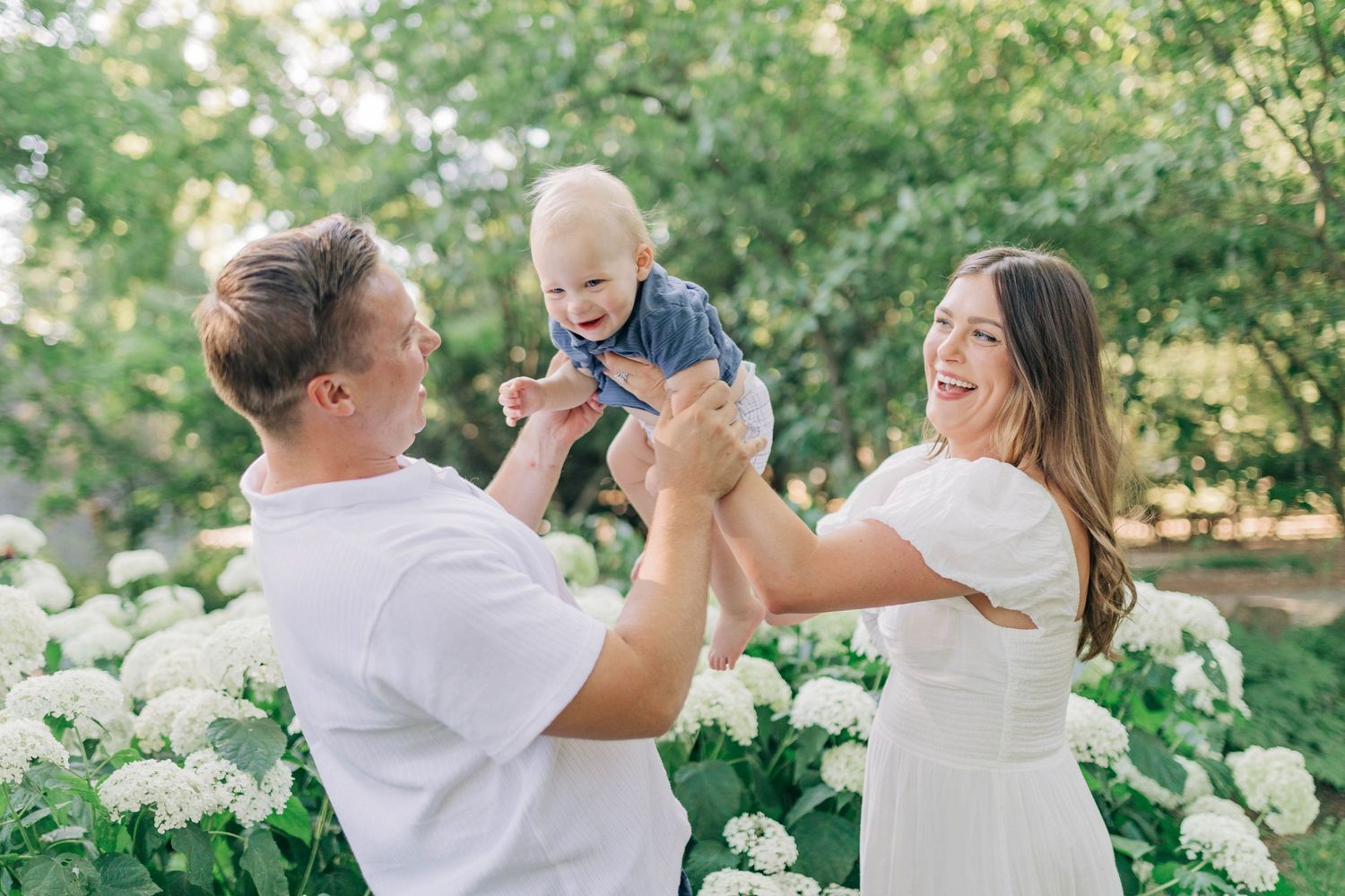 Joyful family interactions captured against blooming white hydrangea backdrop.