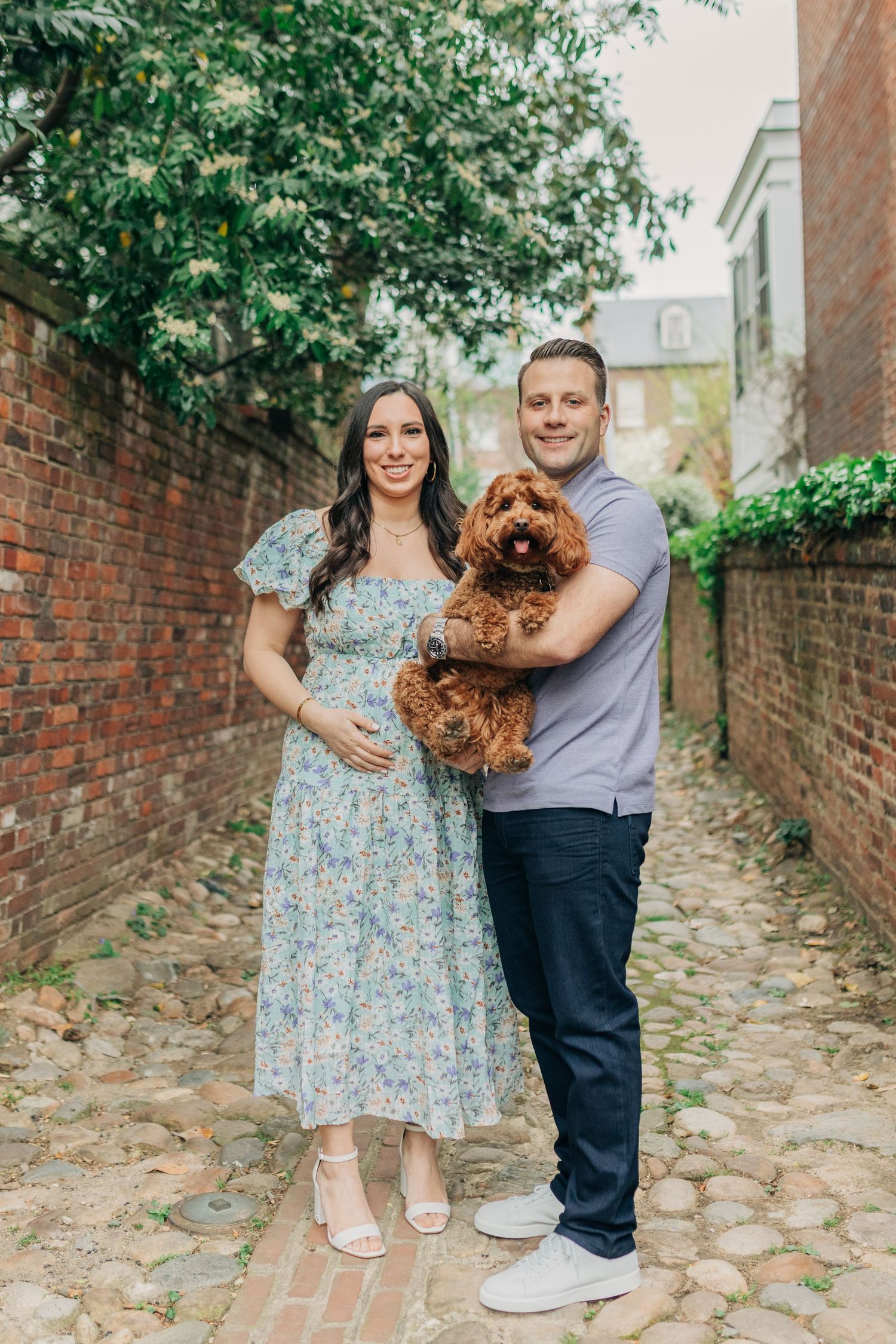 A couple poses with their adorable brown toy poodle on a cobblestone path lined with brick walls.