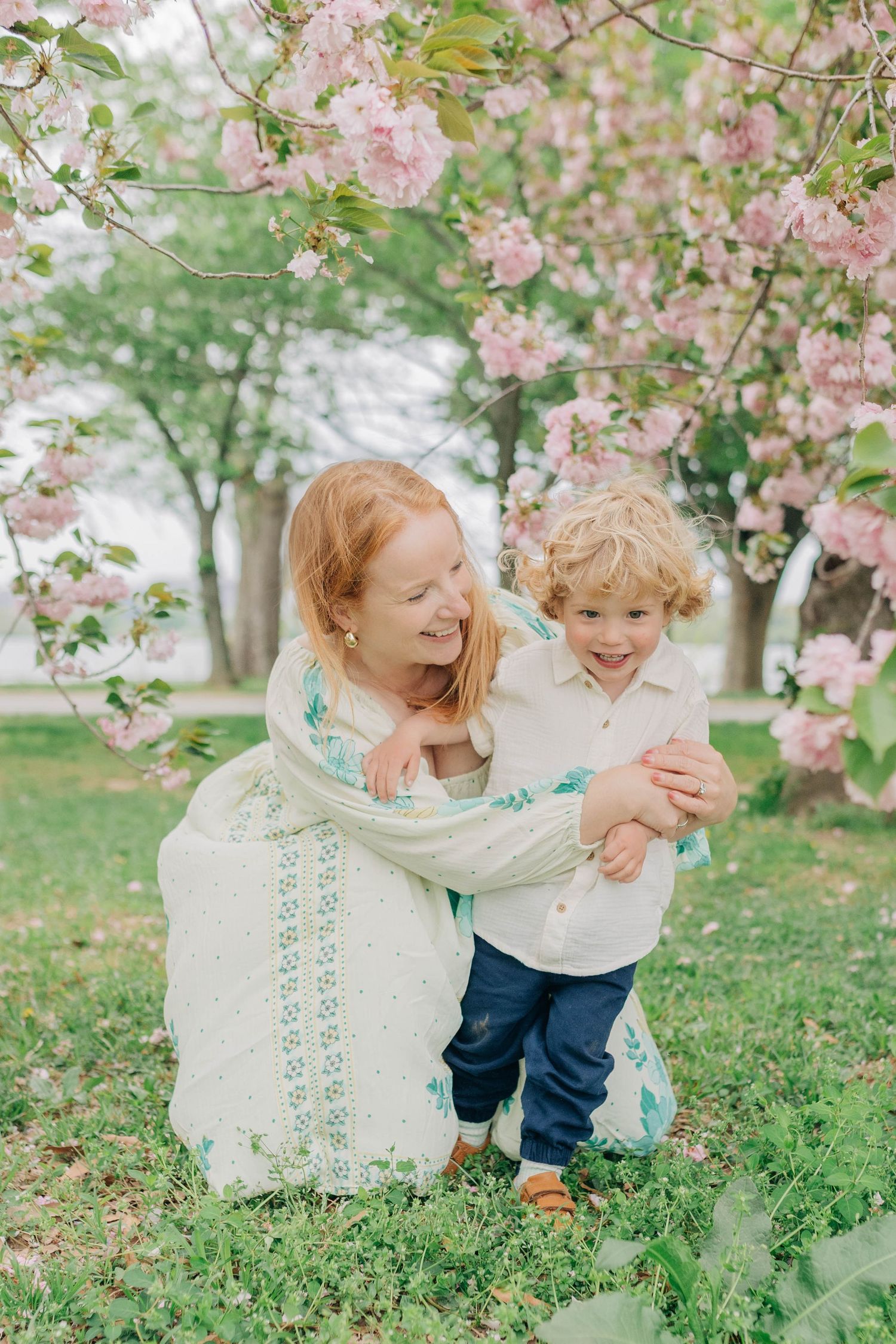 Tender springtime moment under blooming cherry blossoms with soft pink petals against a green garden background.