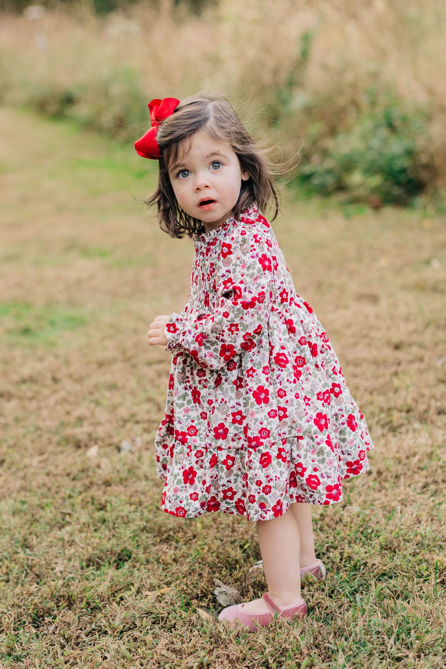 Toddler girl in red floral dress with red bow stands on grass field looking back at camera.