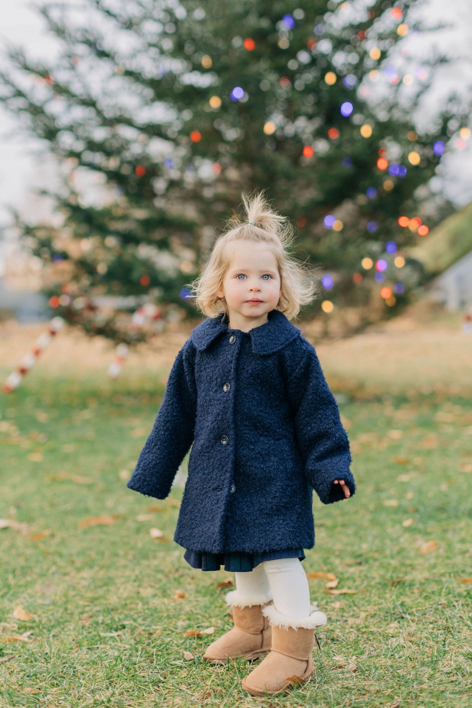 Toddler girl in navy blue coat and UGG boots standing on grass in front of a decorated outdoor Christmas tree.