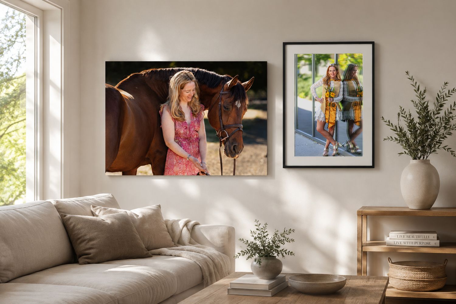 A cozy living room featuring wall art of a woman with a horse and a framed photo of two women on a side table.