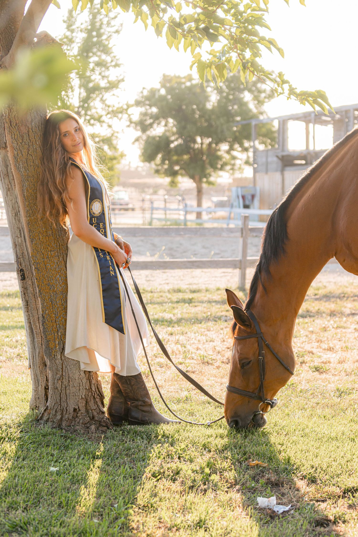 Young woman in white dress and sash leans against tree holding brown horse on lead rope at golden hour.