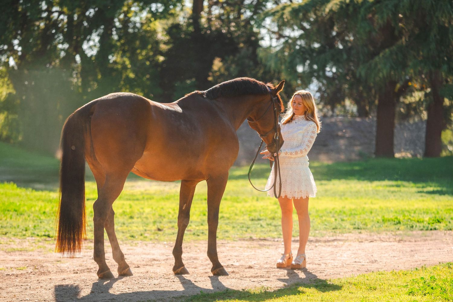 Blonde woman in white dress stands with brown horse on grassy path in golden sunlight.