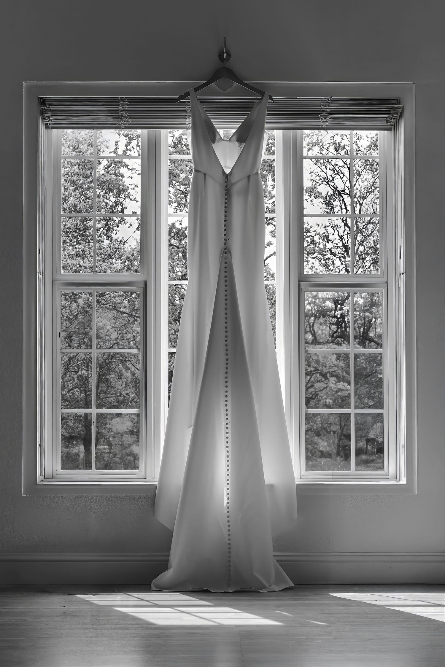 Black and white photo of an elegant wedding dress hanging in a sunlit window with trees visible outside.