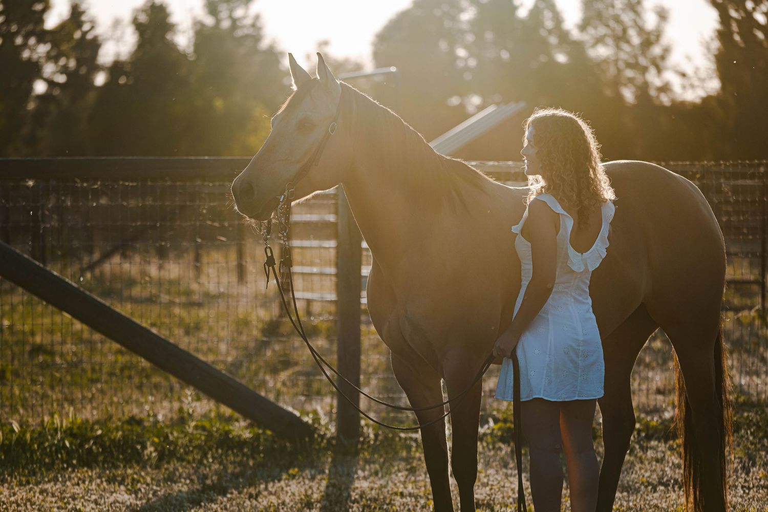 Young woman in white dress stands beside palomino horse in warm golden sunset light.