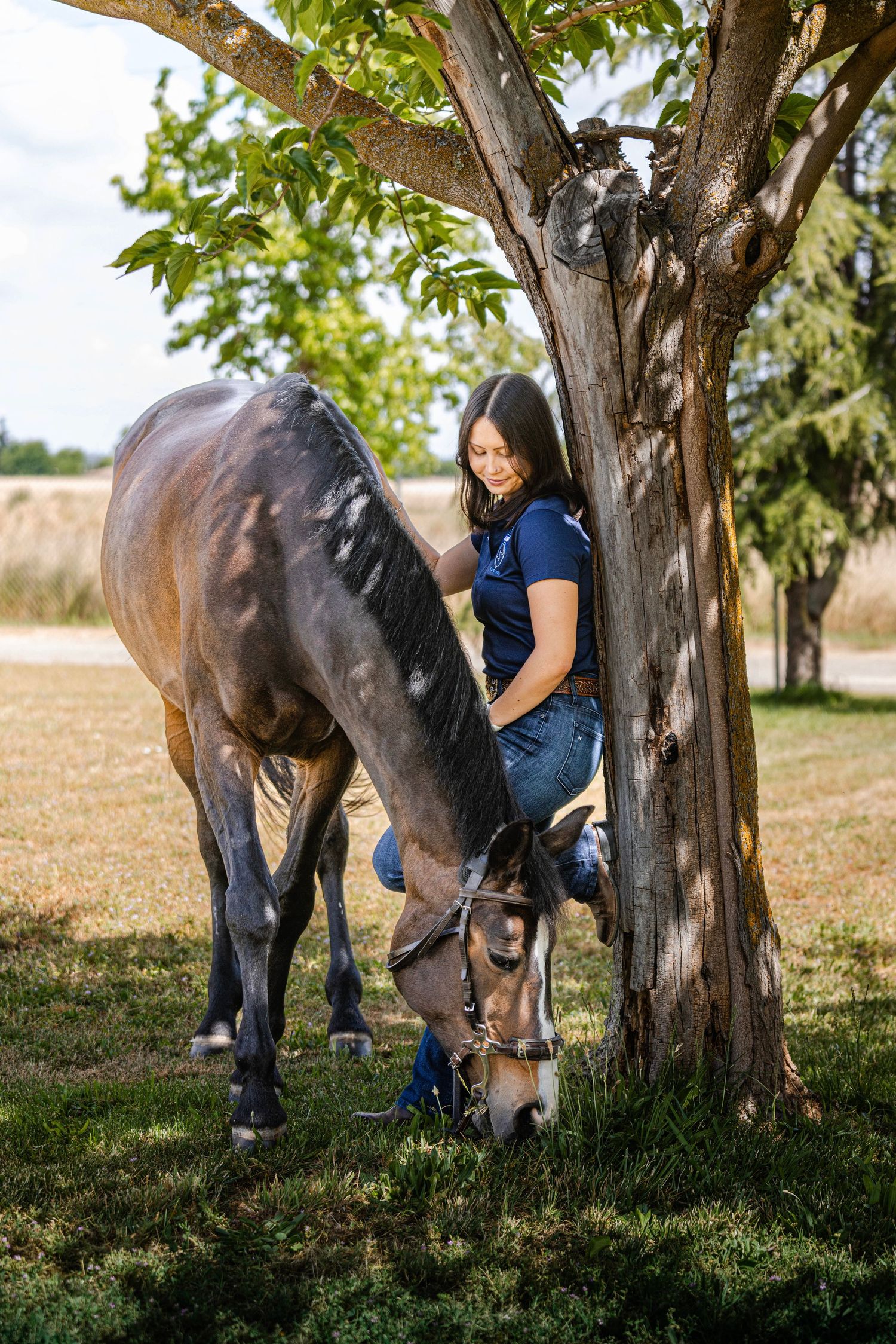 Woman in blue shirt standing beside a bay horse grazing under a tree in a sunny outdoor field.