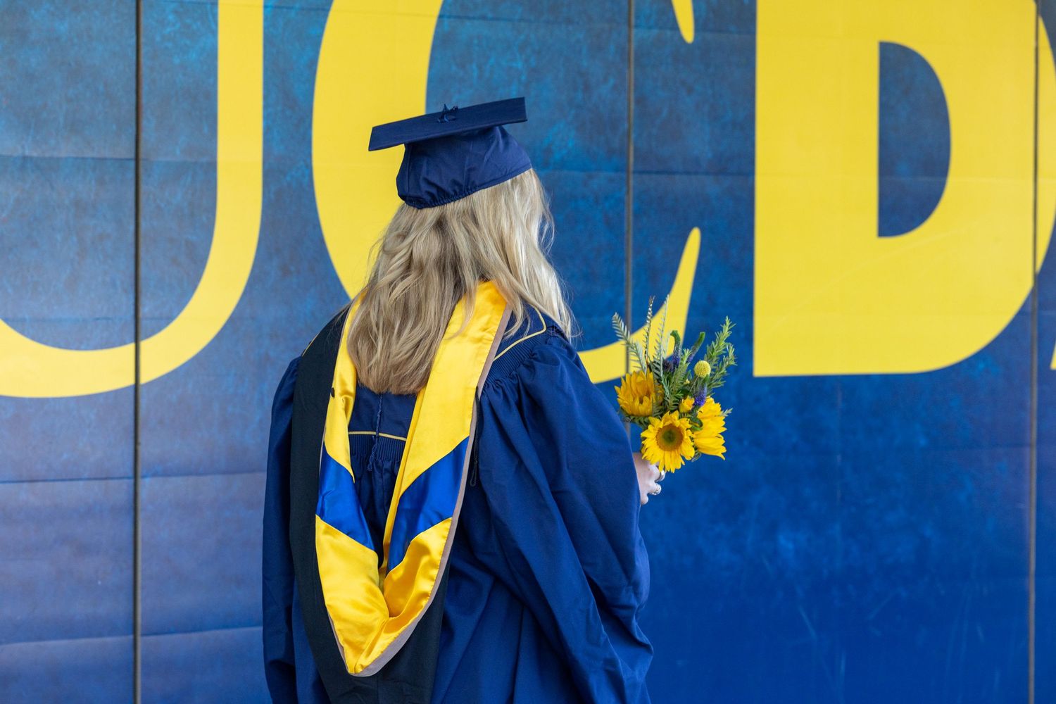 UC Davis graduate in blue cap and gown holds sunflowers, standing before a blue and gold UC Davis wall.