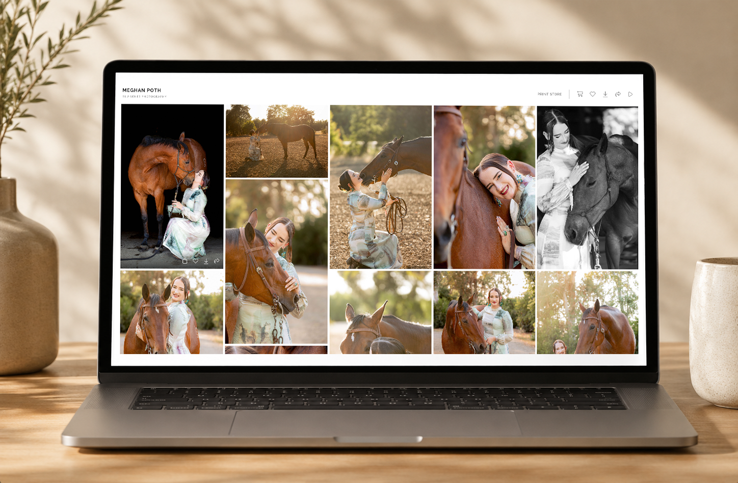 A laptop displaying a photography portfolio website featuring equestrian and portrait photos of women with horses in warm tones.