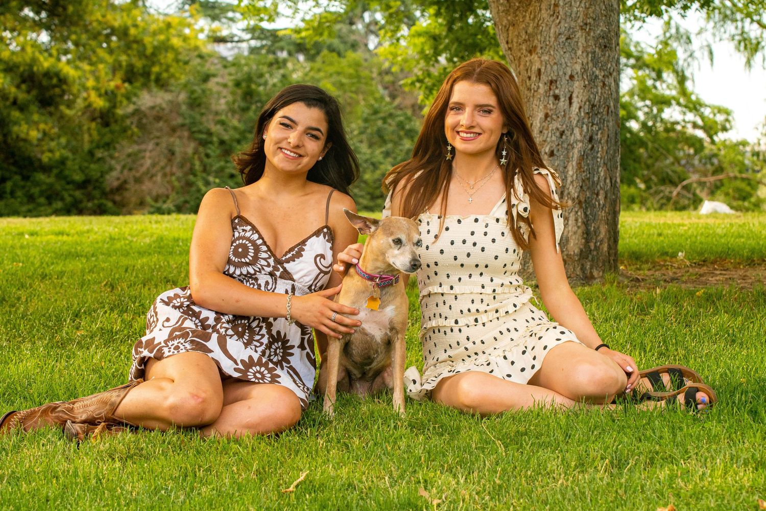 Two young women sitting on green grass with a small dog between them, smiling outdoors near a tree.
