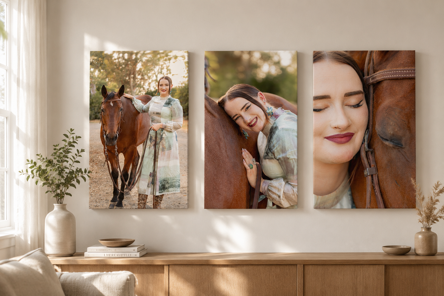 A triptych canvas wall art display featuring a young woman with a brown horse, mounted above a wooden dresser in a cozy room.