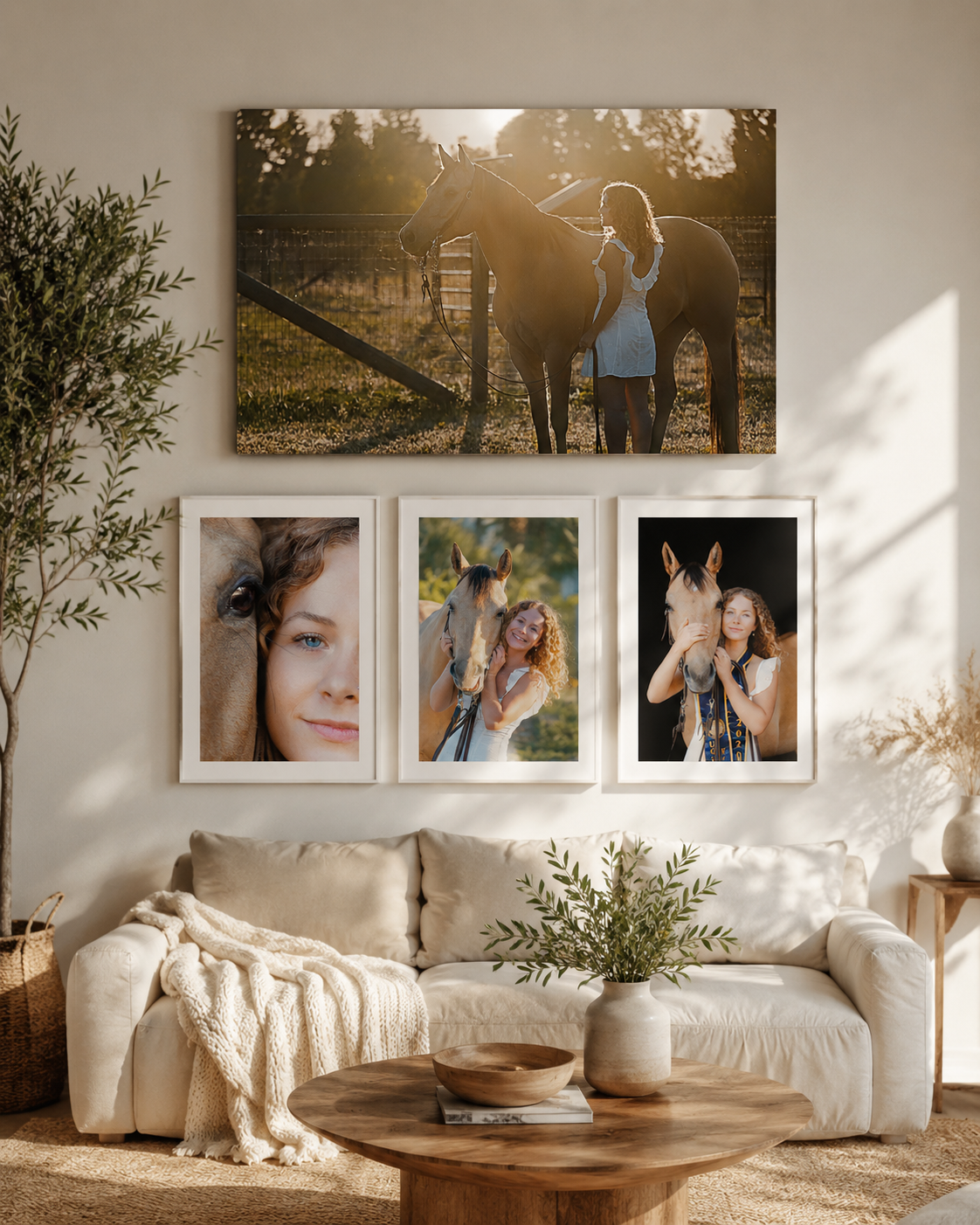Cozy living room gallery wall featuring framed portraits of a young woman with a horse, displayed above a neutral linen sofa.